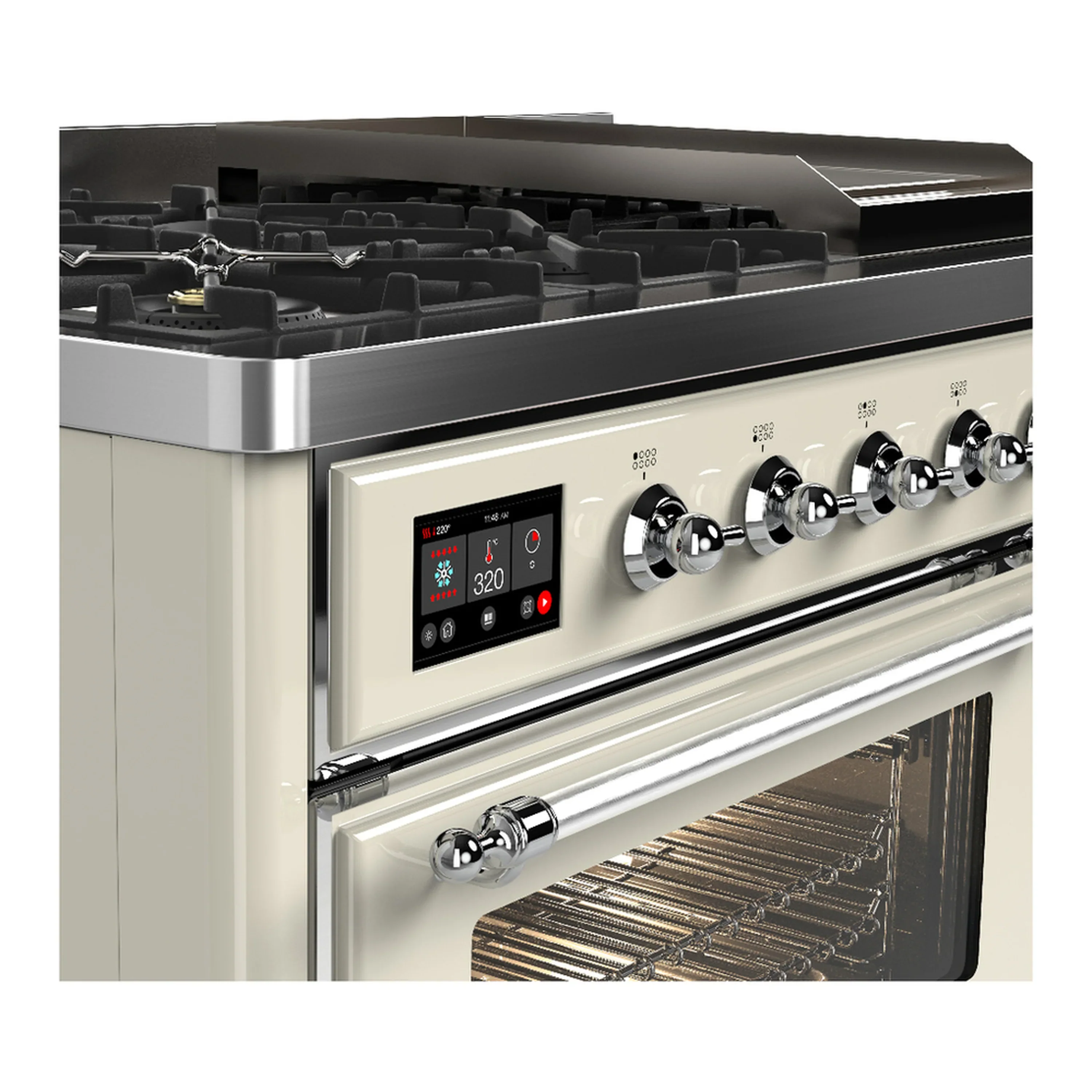 ILVE Majestic III 48-inch Dual Fuel Range with 5 Natural Gas Burner, Griddle and Triple Glass Door Electric Oven in Antique White with Chrome Trim (UM48FNR3AWC) - Image 7