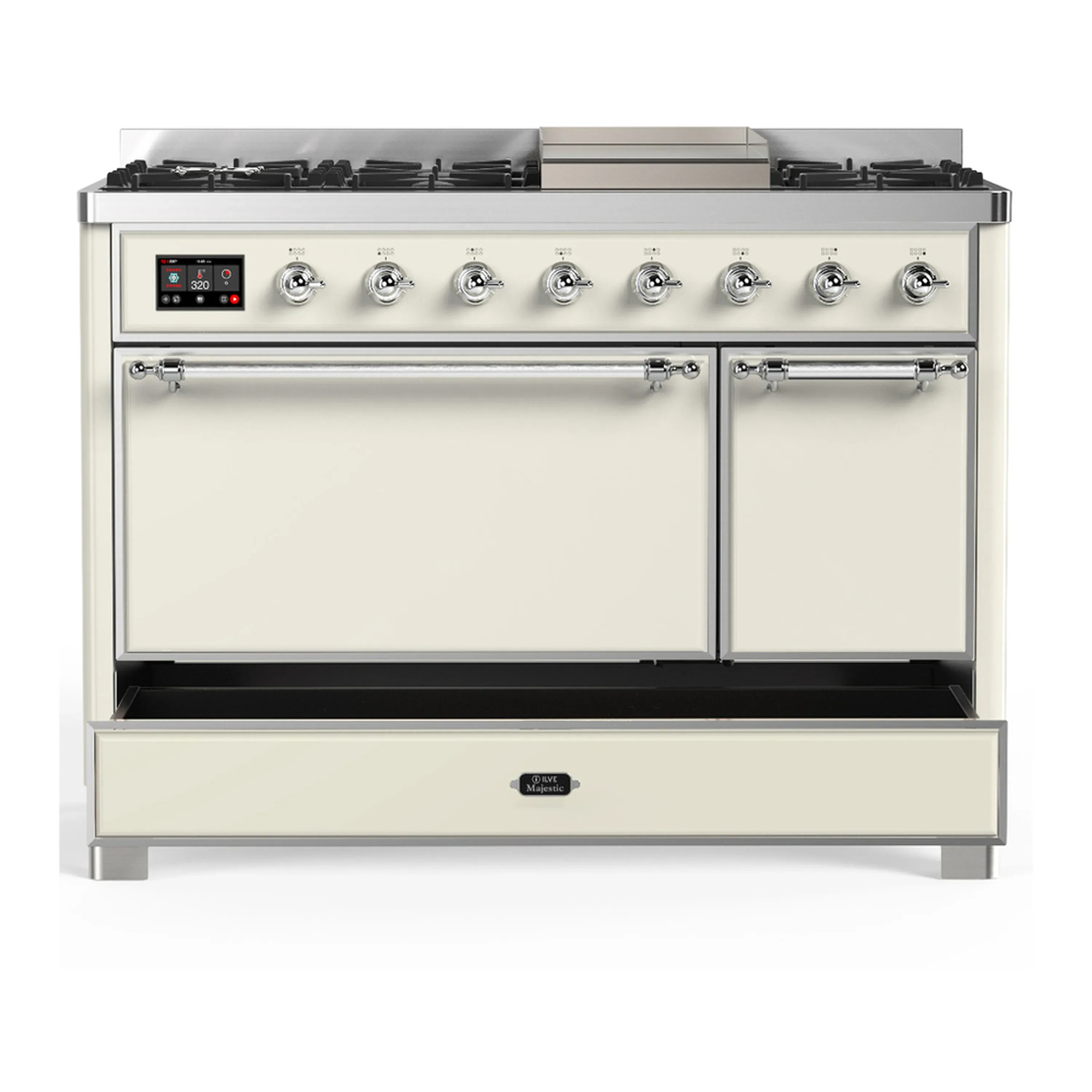 ILVE Majestic III 48-inch Dual Fuel Range with 5 Natural Gas Burner, Griddle and Solid Door Electric Oven in Antique White with Chrome Trim (UM48FQNR3AWC) - Image 3