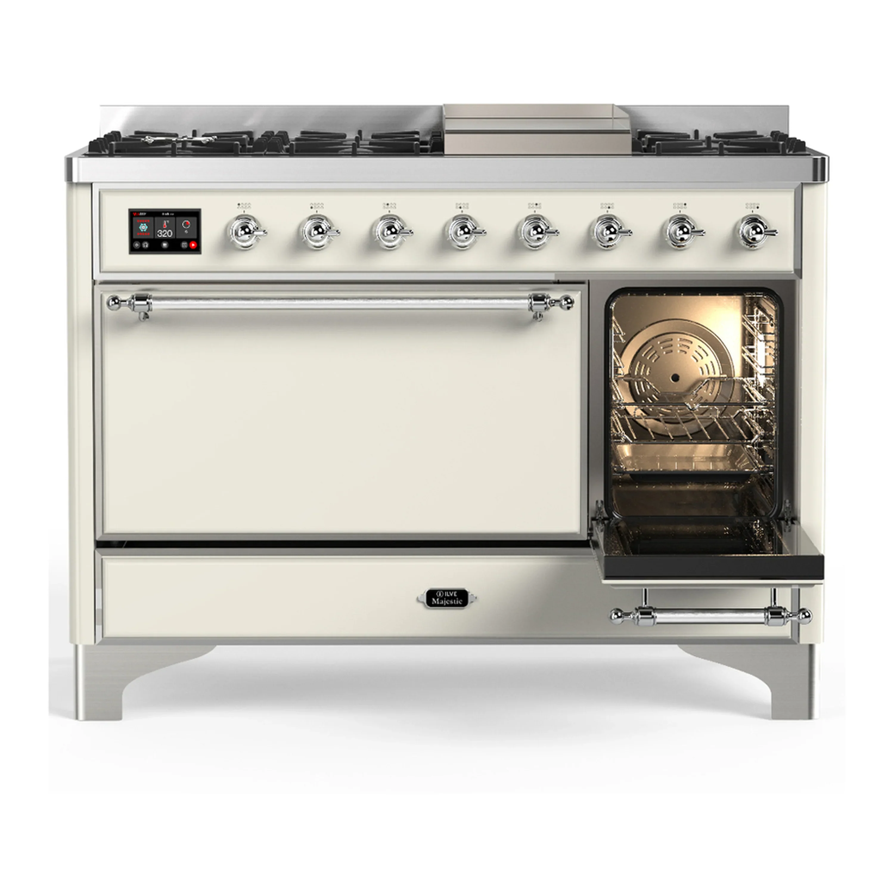 ILVE Majestic III 48-inch Dual Fuel Range with 5 Natural Gas Burner, Griddle and Solid Door Electric Oven in Antique White with Chrome Trim (UM48FQNR3AWC) - Image 4