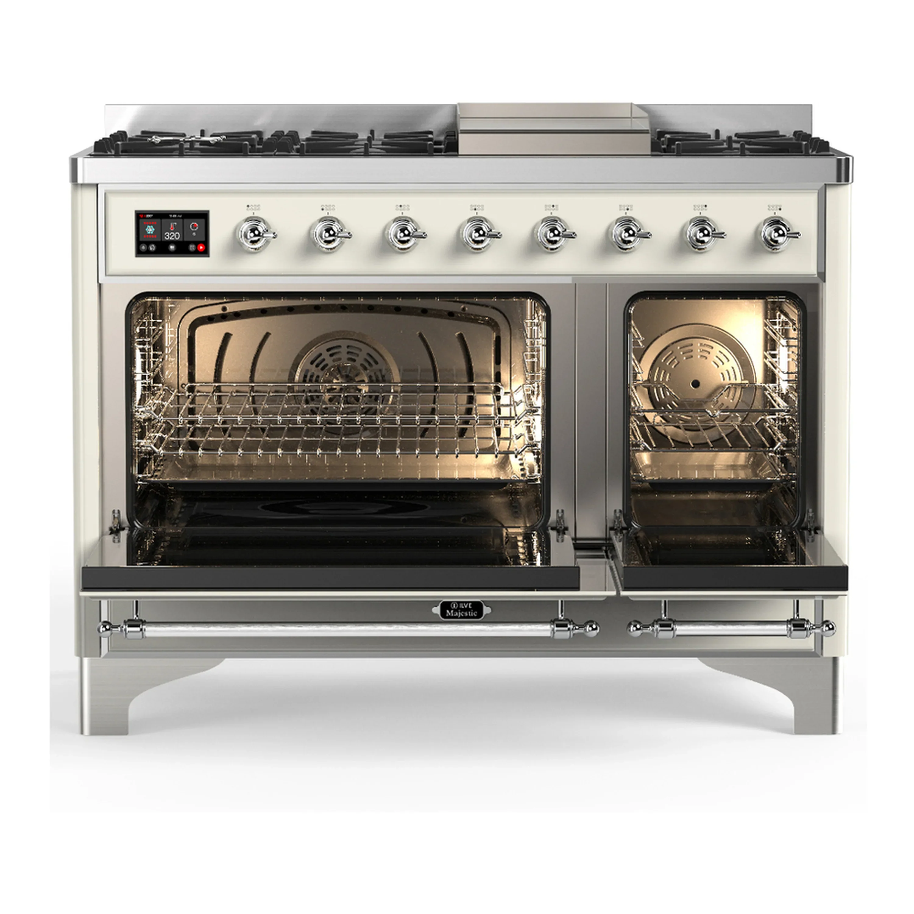 ILVE Majestic III 48-inch Dual Fuel Range with 5 Natural Gas Burner, Griddle and Solid Door Electric Oven in Antique White with Chrome Trim (UM48FQNR3AWC) - Image 6