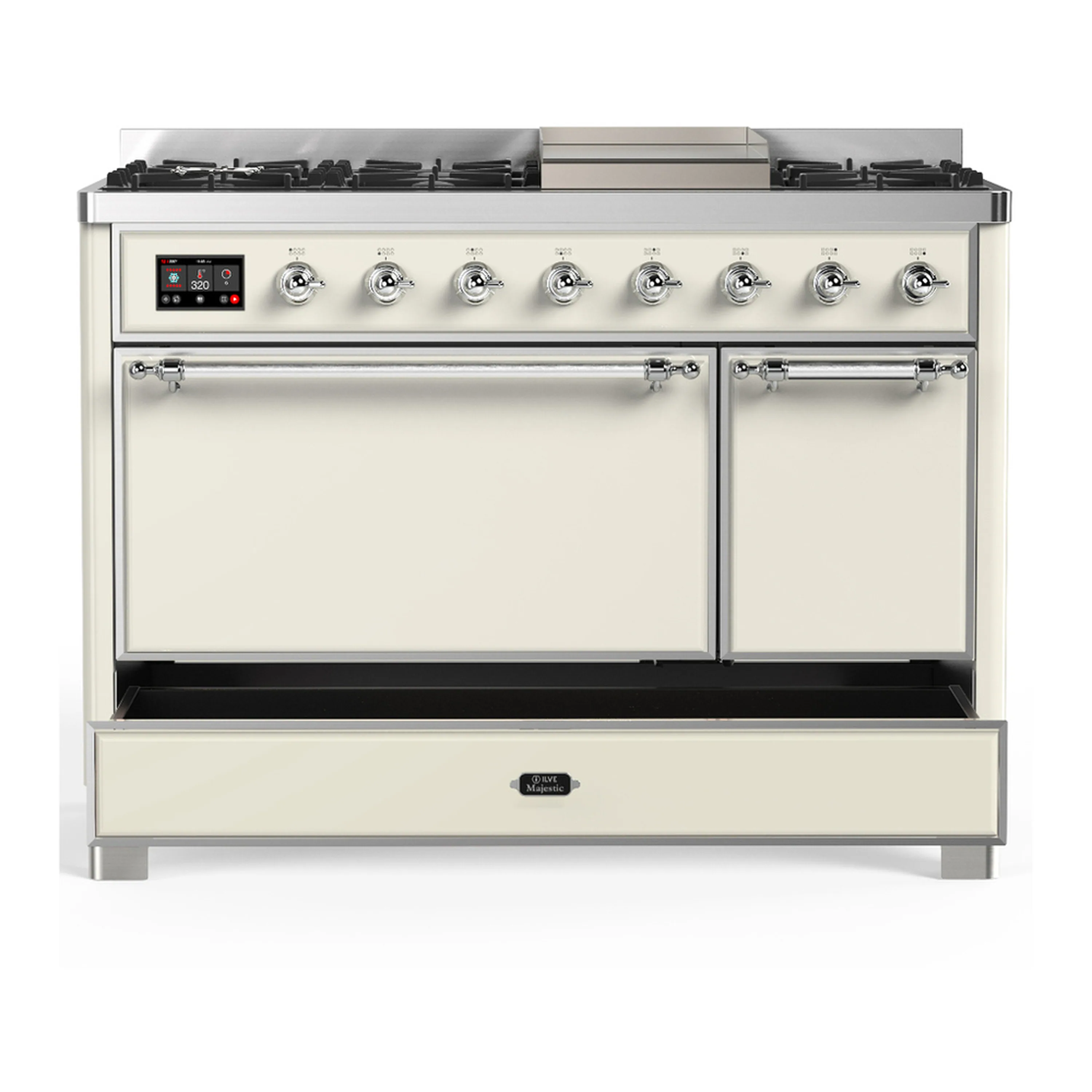 ILVE Majestic III 48-inch Dual Fuel Range with 5 Liquid Propane Burner, Griddle and Solid Door Electric Oven in Antique White with Chrome Trim (UM48FQNR3AWCLP) - Image 3