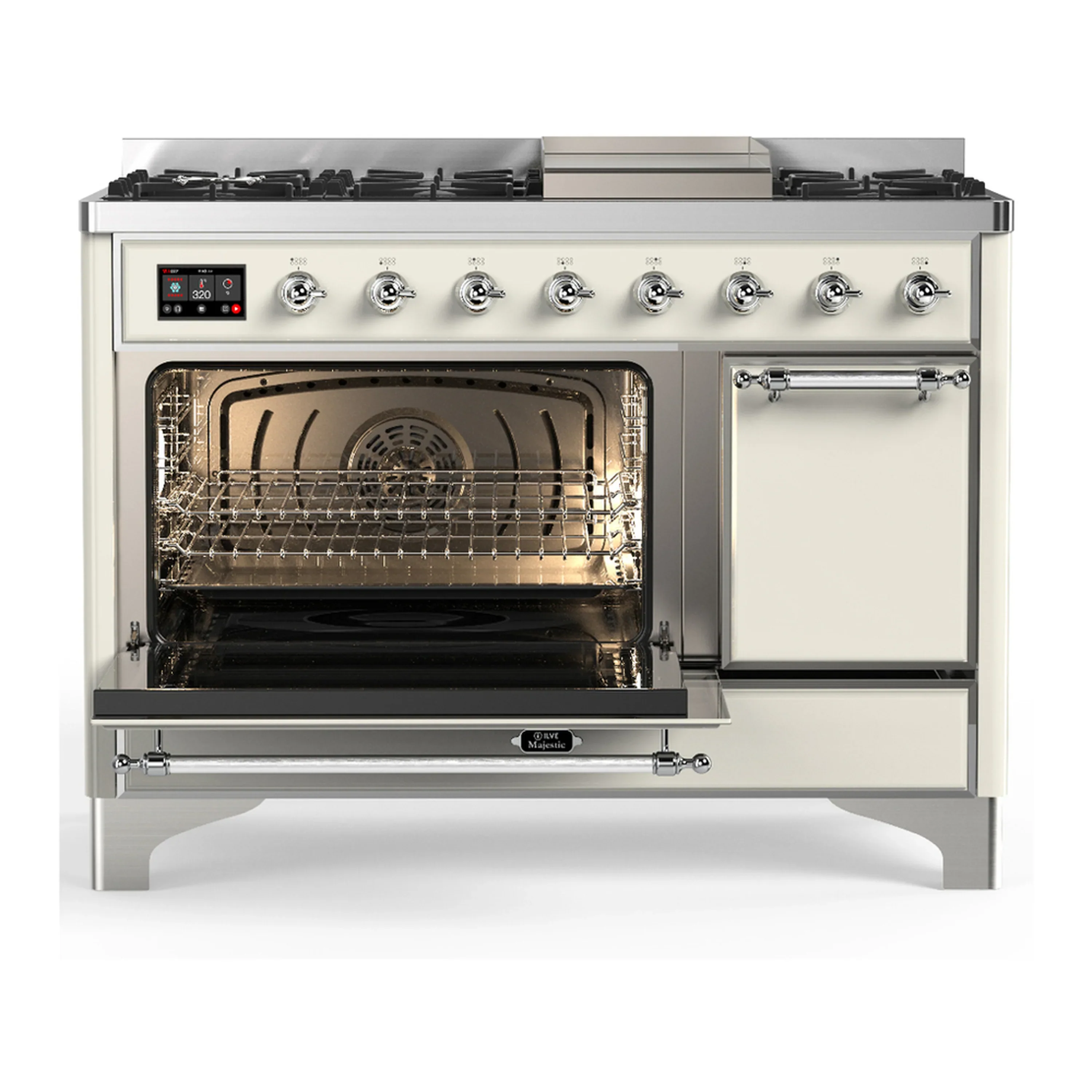 ILVE Majestic III 48-inch Dual Fuel Range with 5 Liquid Propane Burner, Griddle and Solid Door Electric Oven in Antique White with Chrome Trim (UM48FQNR3AWCLP) - Image 5