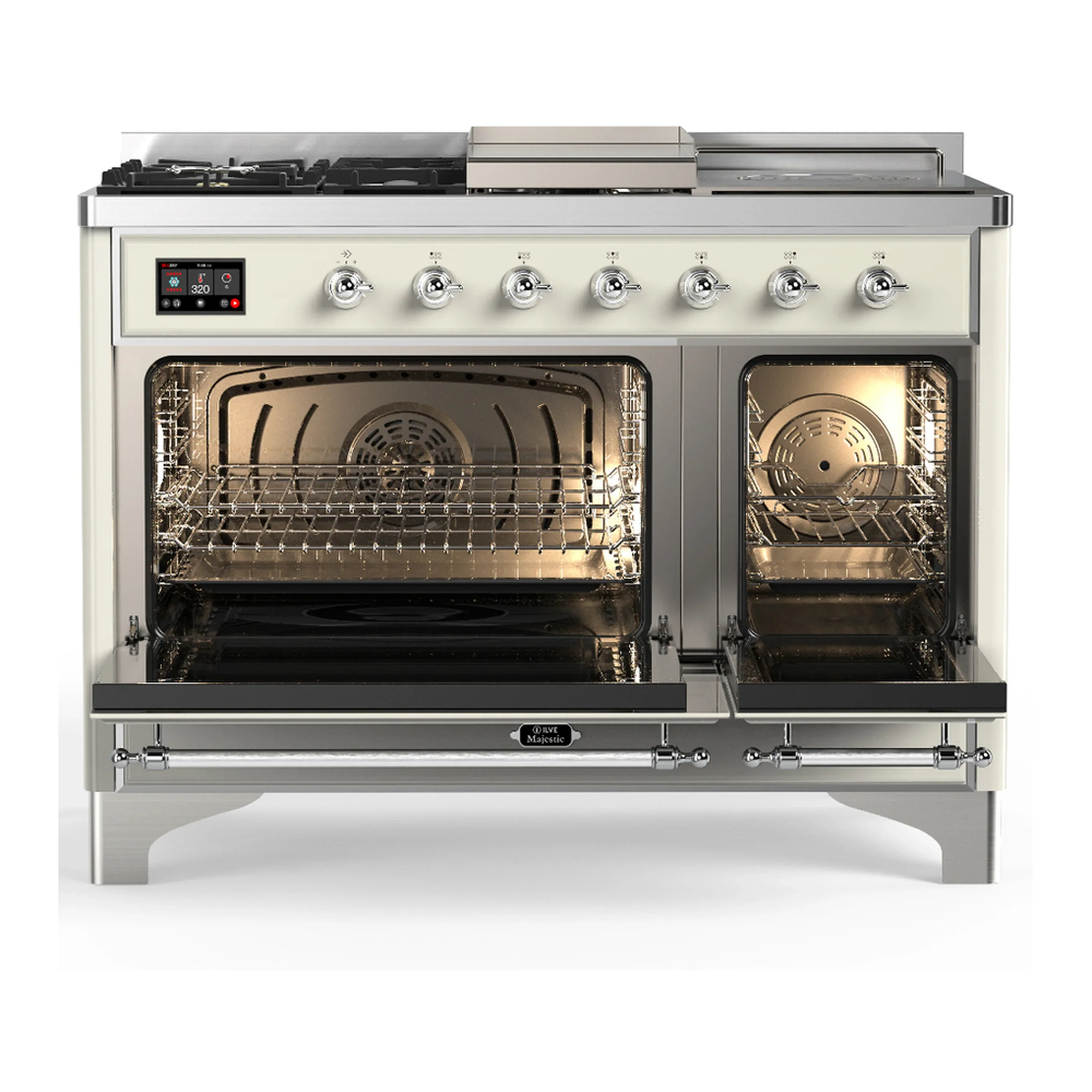 ILVE Majestic III 48-inch Dual Fuel Range with 5 Natural Gas Burner, Griddle, French Top and Triple Glass Door Electric Oven in Antique White with Chrome Trim (UM48FSNR3AWC) - Image 2
