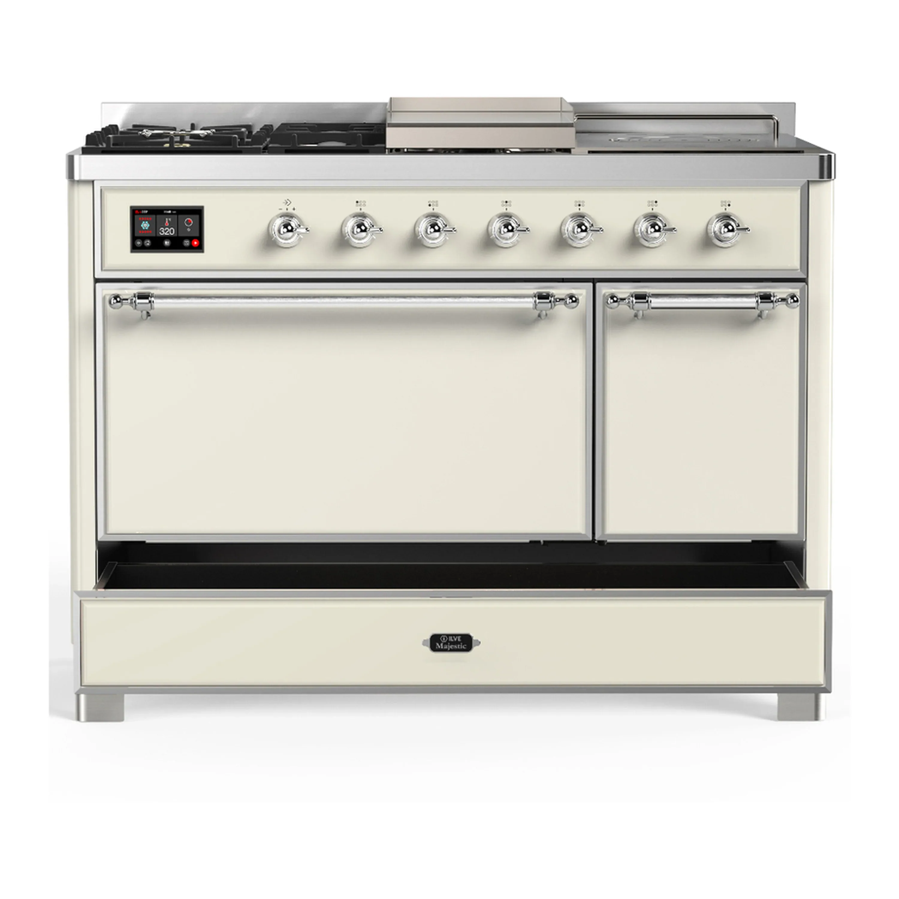 ILVE Majestic III 48-inch Dual Fuel Range with 5 Liquid Propane Burner, Griddle, French Top and Solid Door Electric Oven in Antique White with Chrome Trim (UM48FSQNR3AWCLP) - Image 3