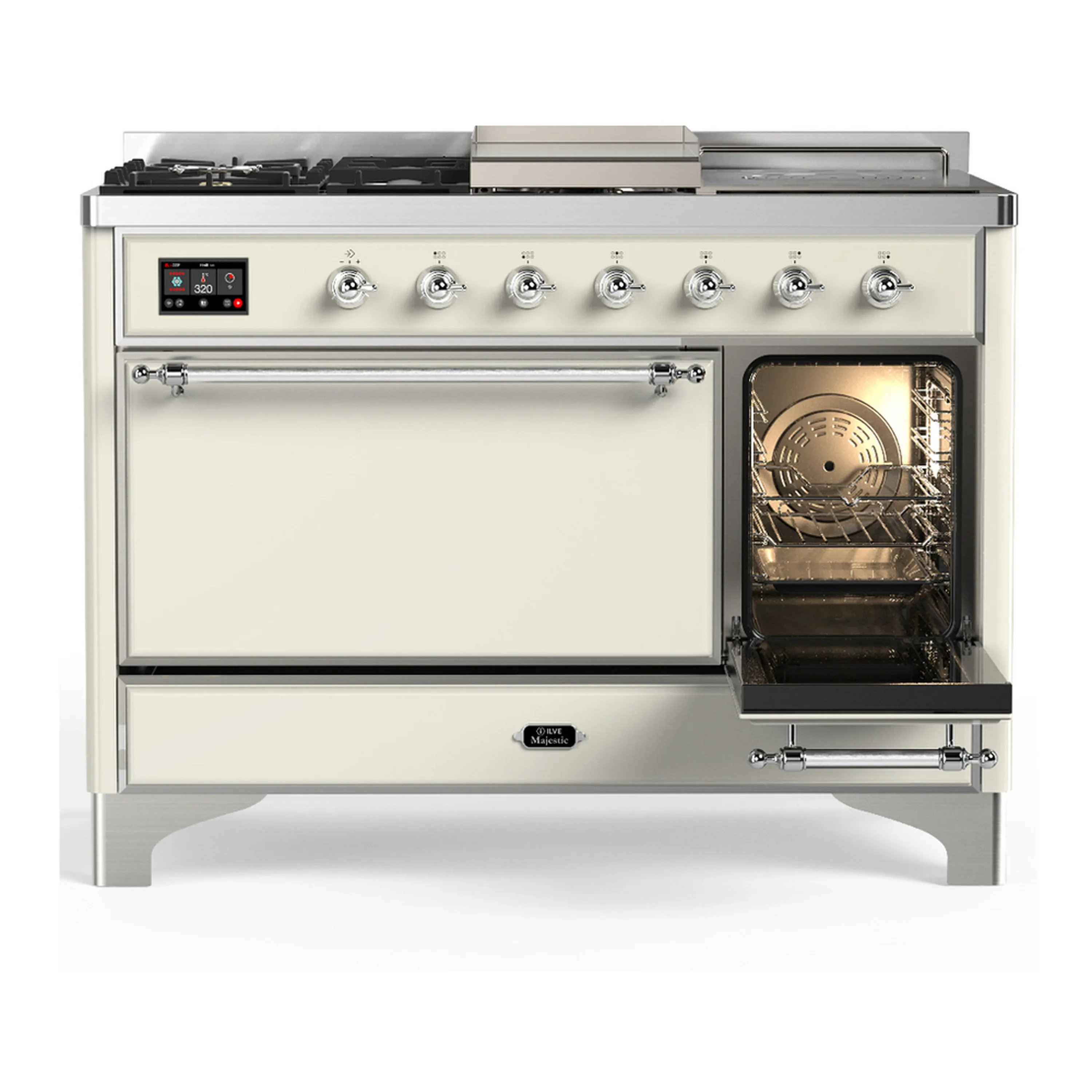ILVE Majestic III 48-inch Dual Fuel Range with 5 Liquid Propane Burner, Griddle, French Top and Solid Door Electric Oven in Antique White with Chrome Trim (UM48FSQNR3AWCLP) - Image 4