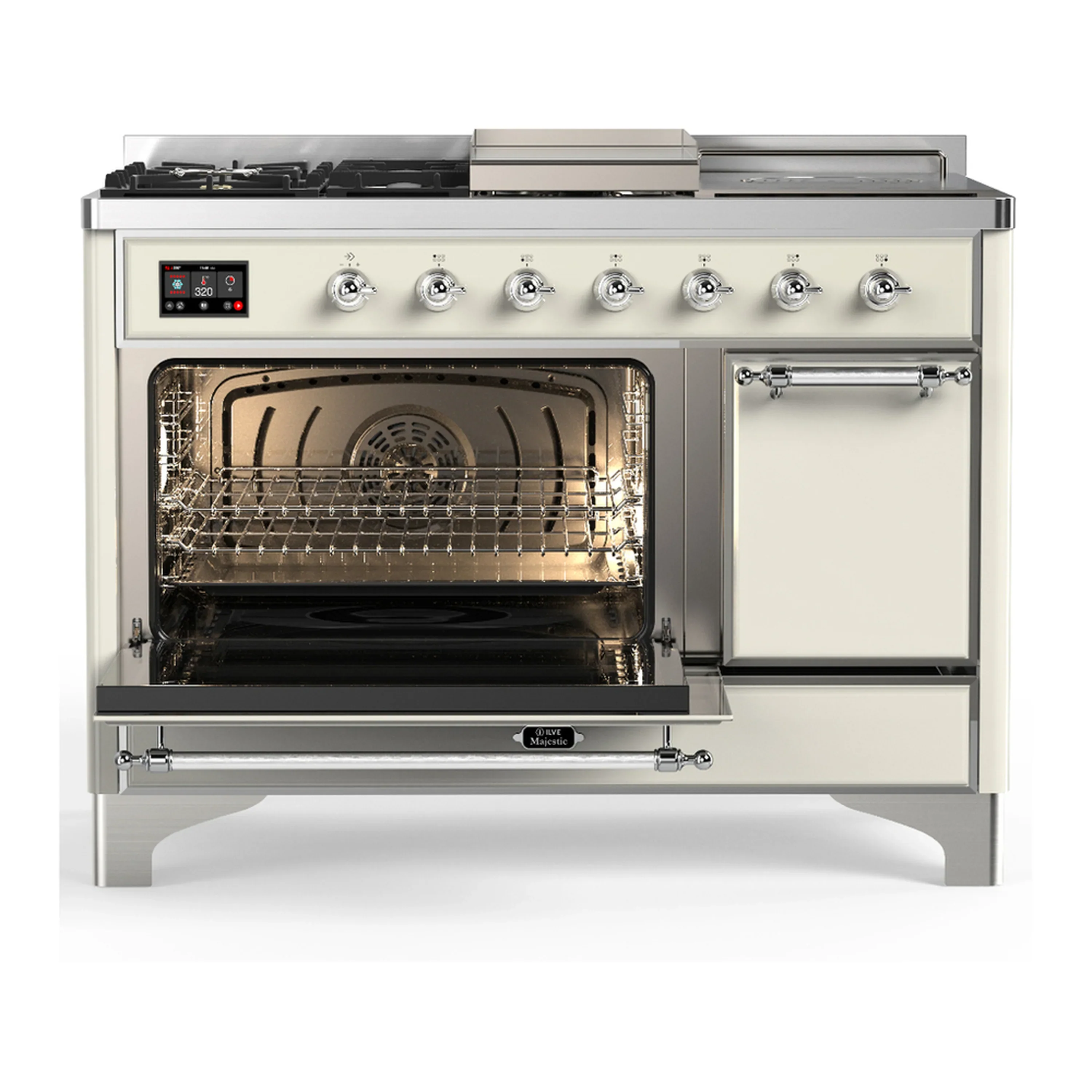 ILVE Majestic III 48-inch Dual Fuel Range with 5 Liquid Propane Burner, Griddle, French Top and Solid Door Electric Oven in Antique White with Chrome Trim (UM48FSQNR3AWCLP) - Image 5