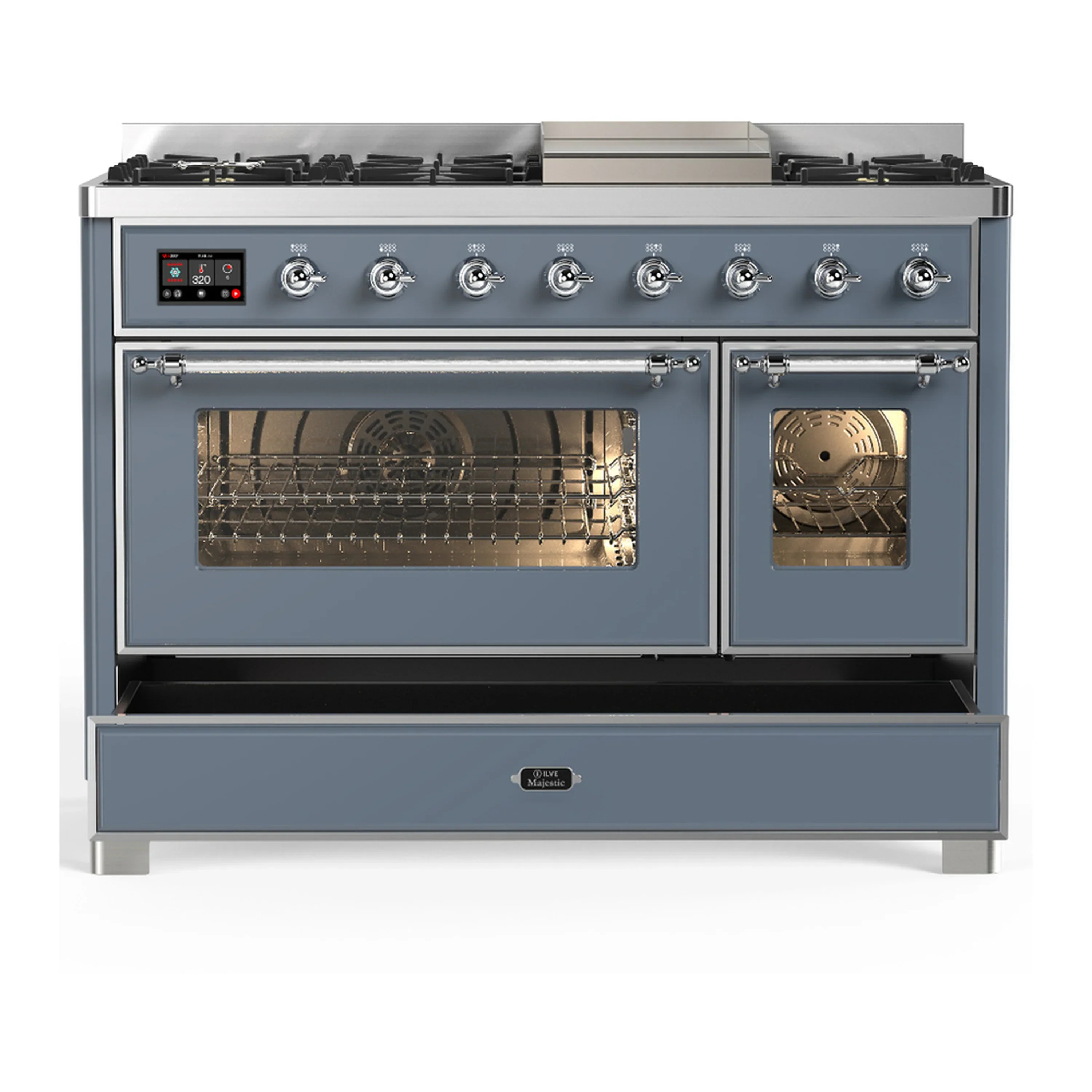 ILVE Majestic III 48-inch Dual Fuel Range with 5 Natural Gas Burner, Griddle and Triple Glass Door Electric Oven in Blue Grey with Chrome Trim (UM48FNR3BGC) - Image 3