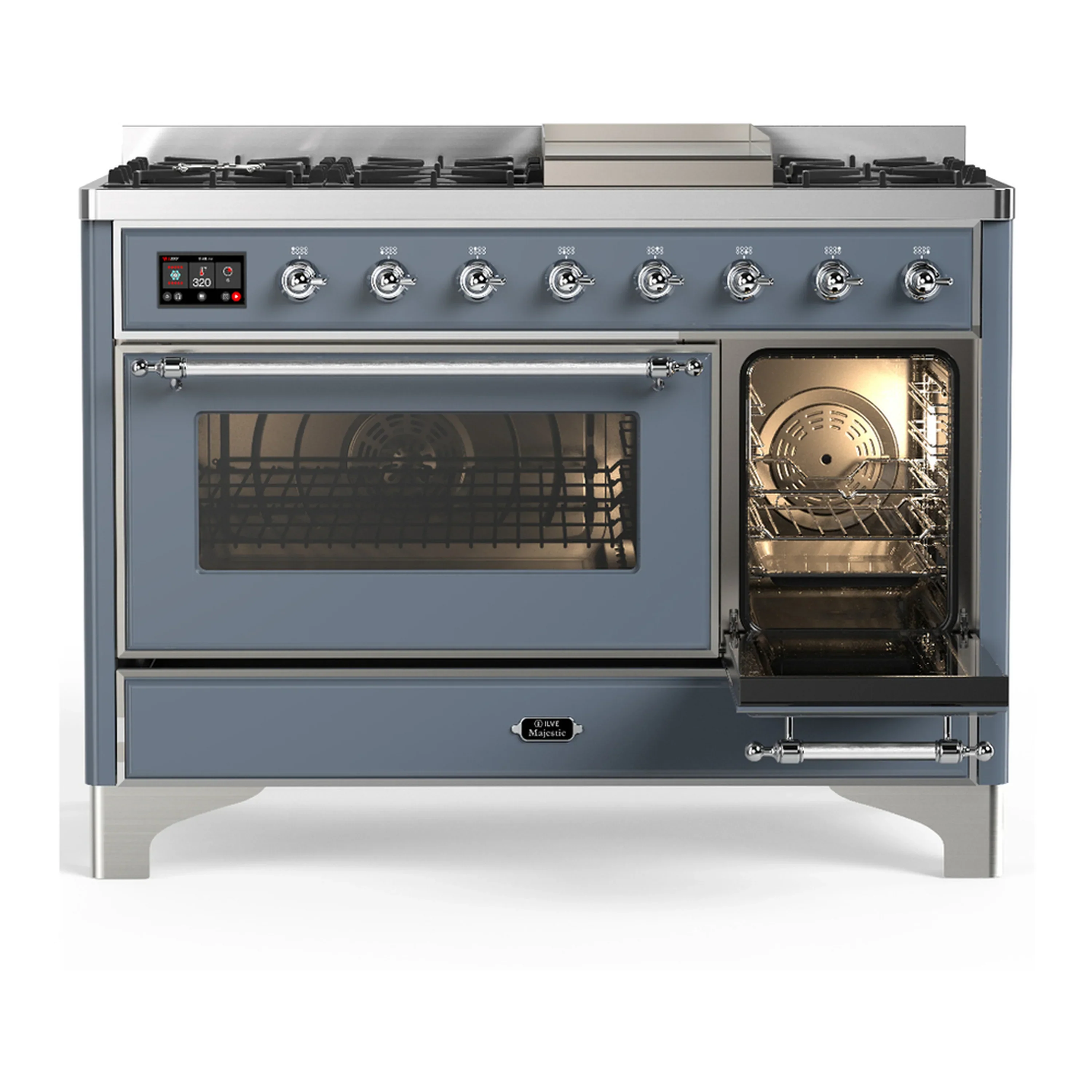 ILVE Majestic III 48-inch Dual Fuel Range with 5 Natural Gas Burner, Griddle and Triple Glass Door Electric Oven in Blue Grey with Chrome Trim (UM48FNR3BGC) - Image 4