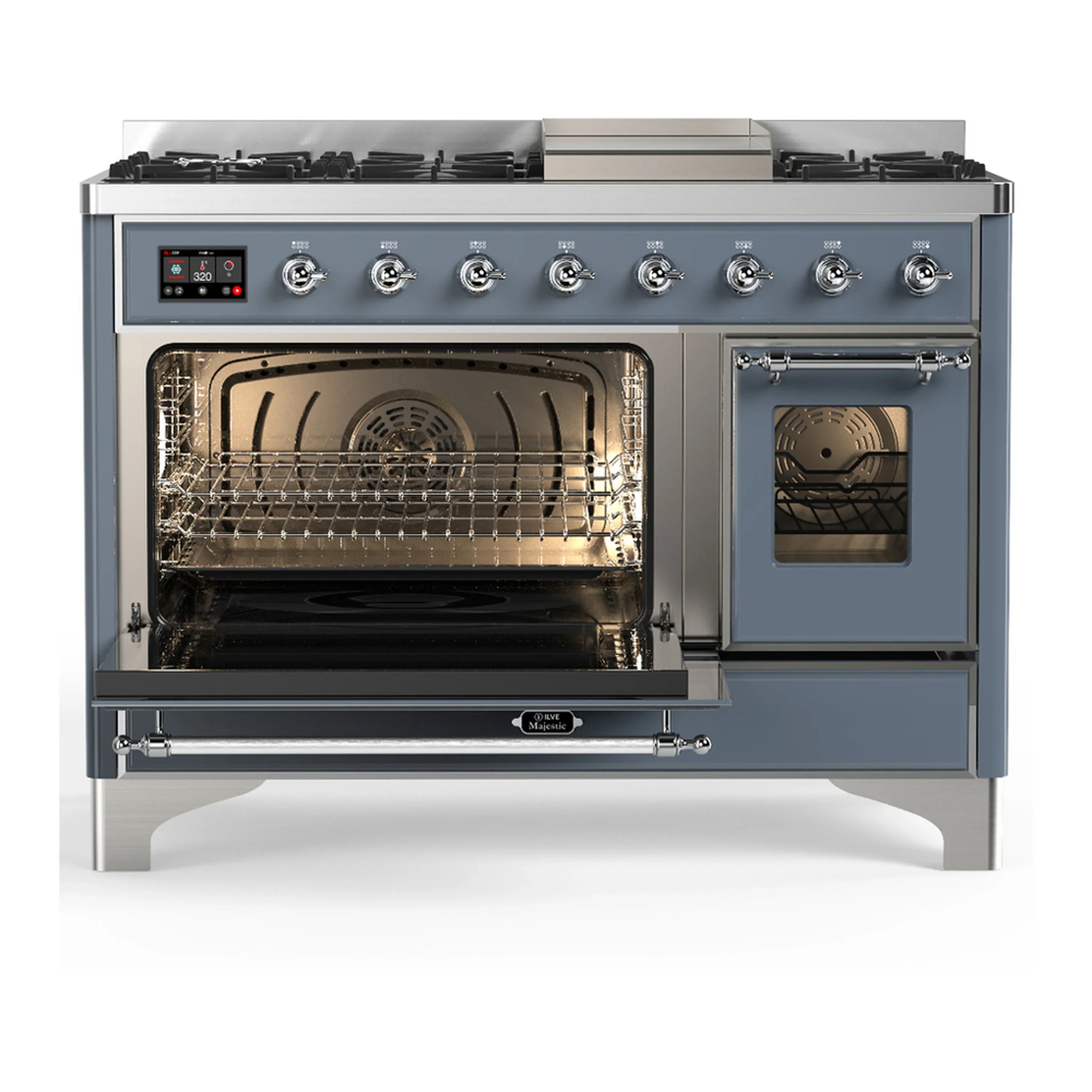 ILVE Majestic III 48-inch Dual Fuel Range with 5 Natural Gas Burner, Griddle and Triple Glass Door Electric Oven in Blue Grey with Chrome Trim (UM48FNR3BGC) - Image 5