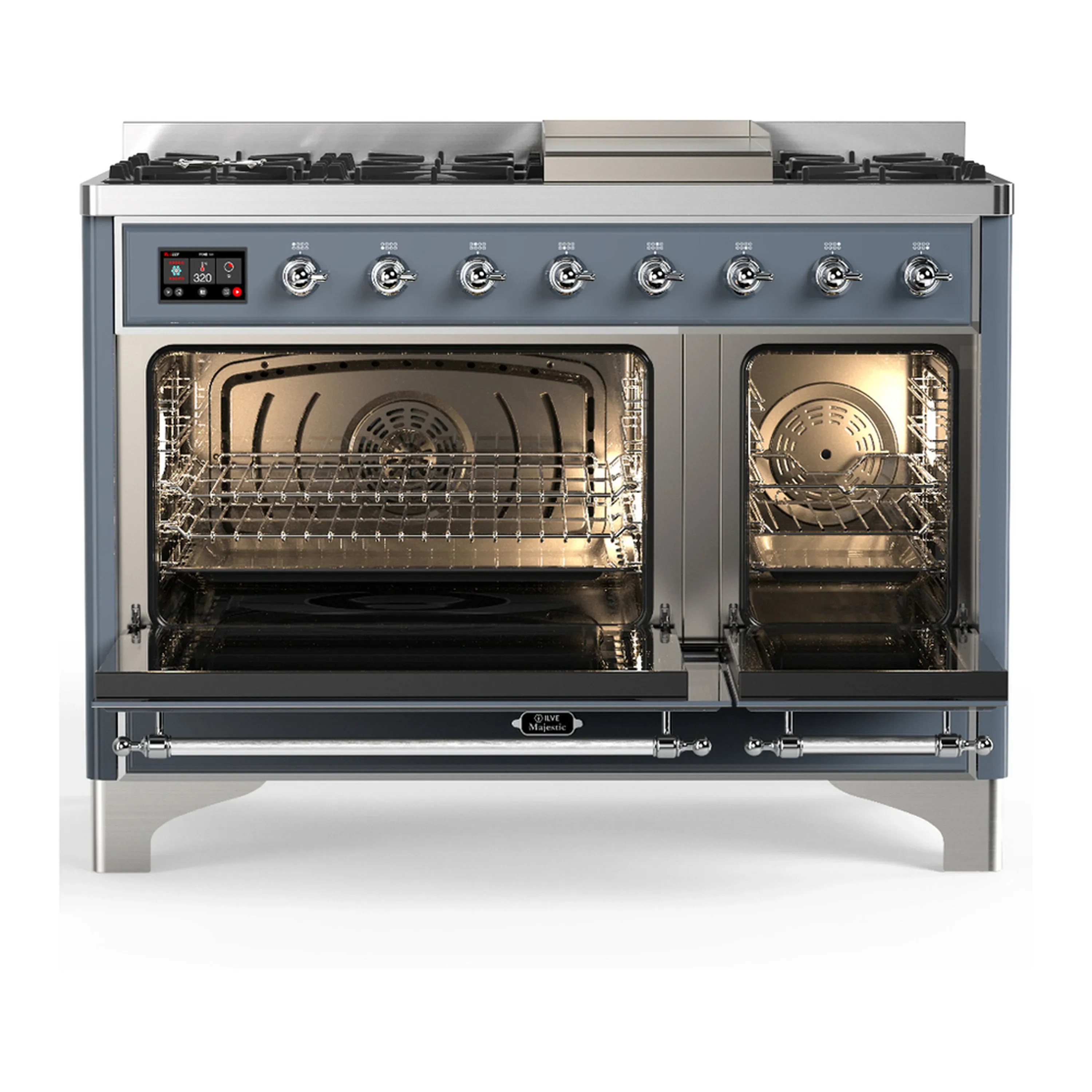 ILVE Majestic III 48-inch Dual Fuel Range with 5 Natural Gas Burner, Griddle and Triple Glass Door Electric Oven in Blue Grey with Chrome Trim (UM48FNR3BGC) - Image 6