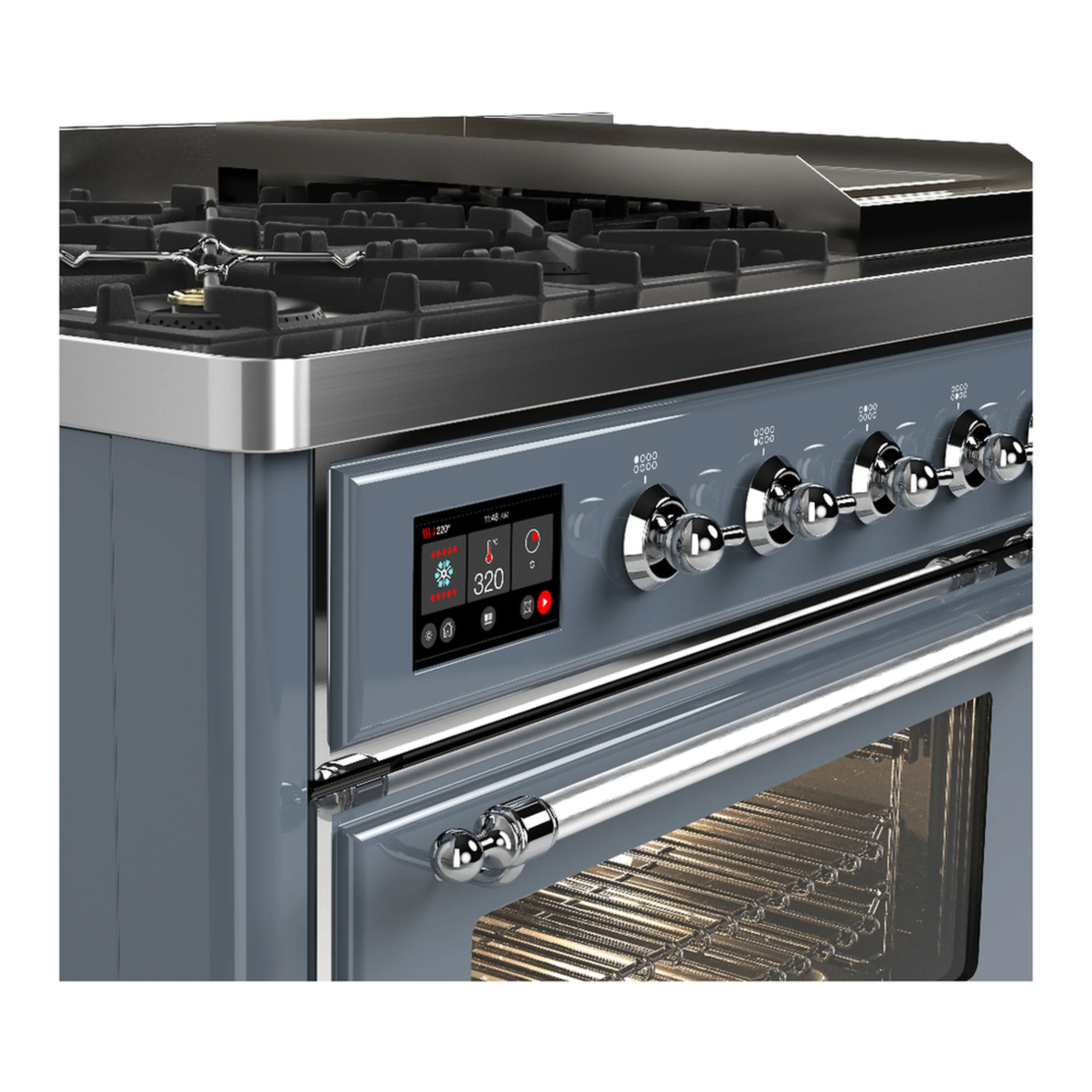 ILVE Majestic III 48-inch Dual Fuel Range with 5 Natural Gas Burner, Griddle and Triple Glass Door Electric Oven in Blue Grey with Chrome Trim (UM48FNR3BGC) - Image 7