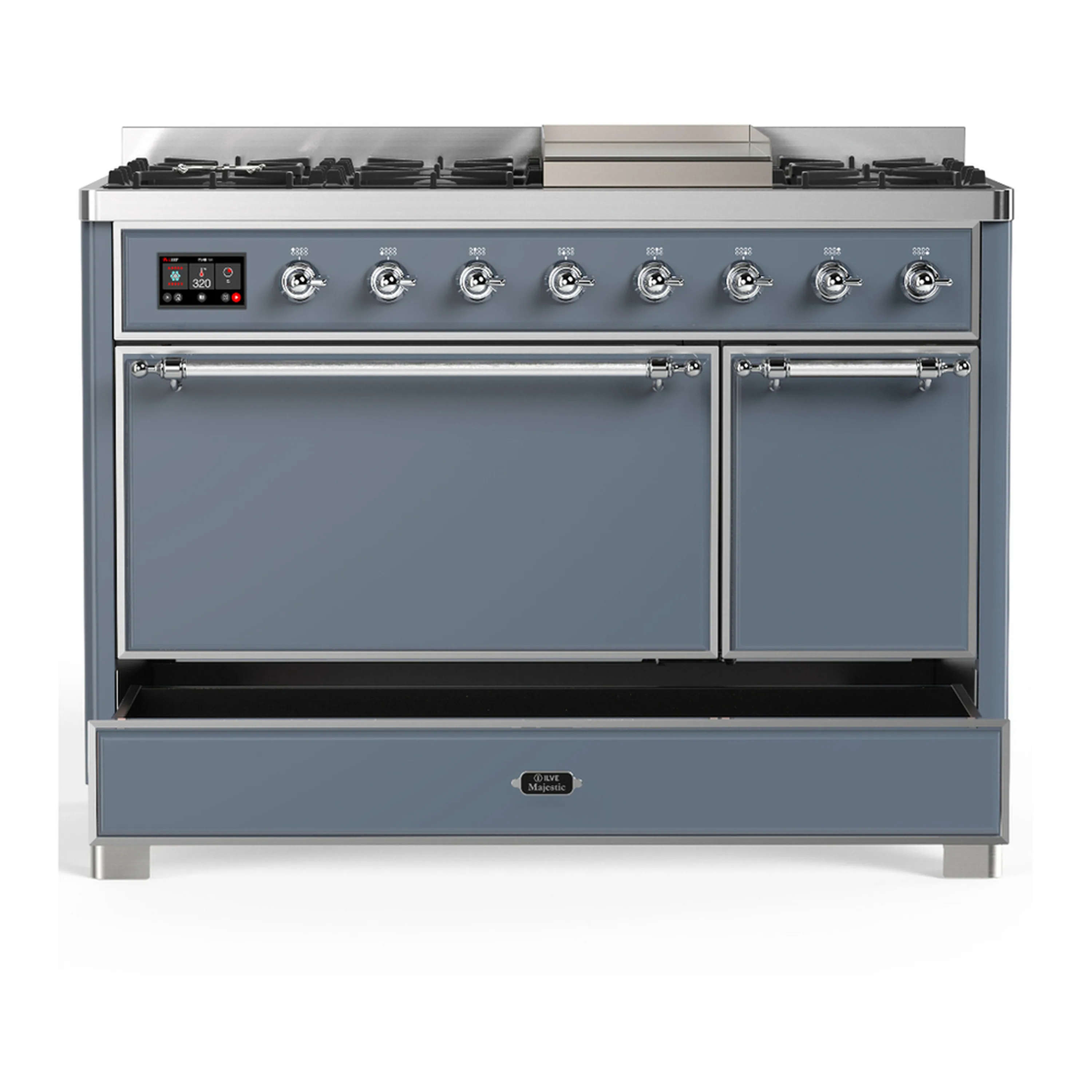 ILVE Majestic III 48-inch Dual Fuel Range with 5 Natural Gas Burner, Griddle and Solid Door Electric Oven in Blue Grey with Chrome Trim (UM48FQNR3BGC) - Image 2