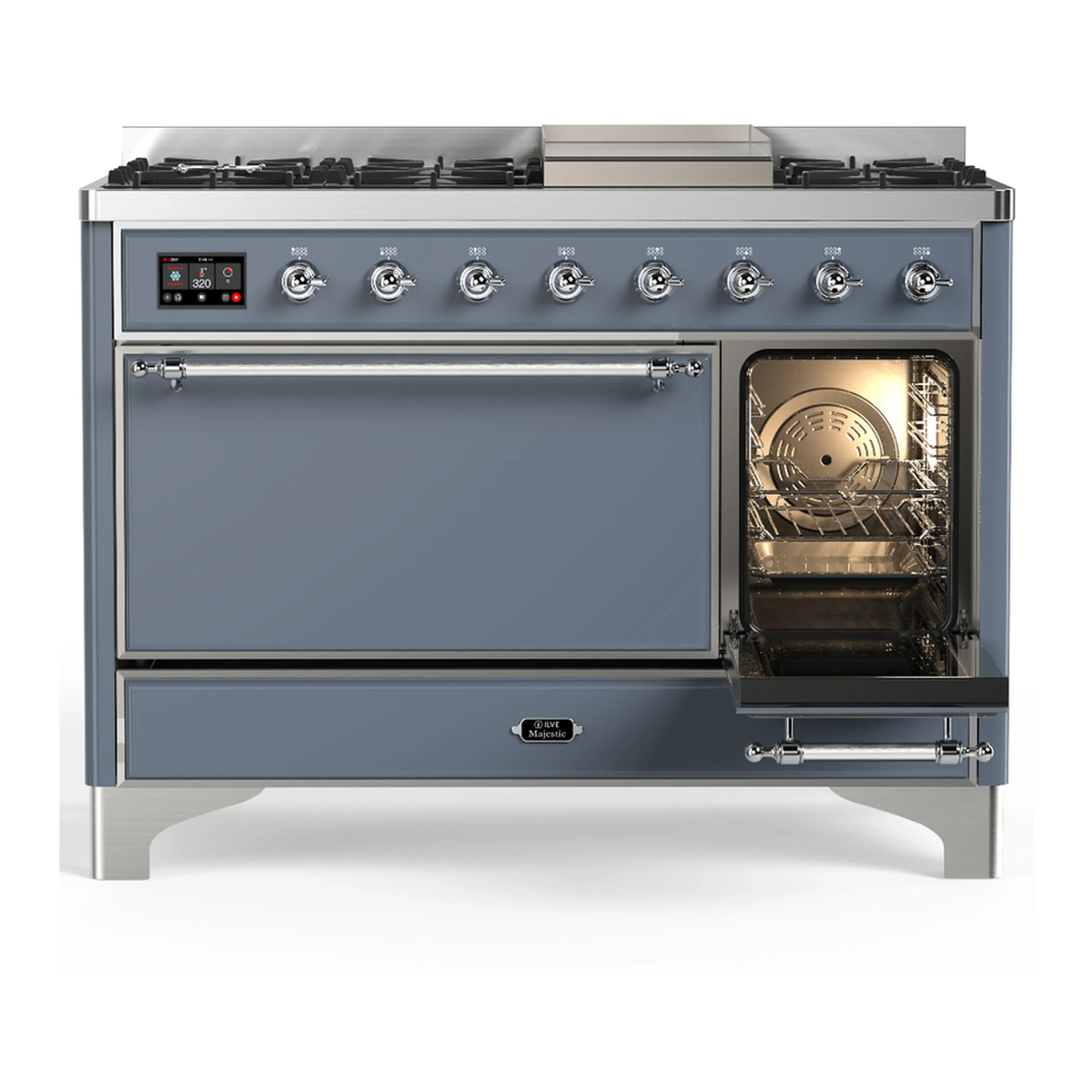 ILVE Majestic III 48-inch Dual Fuel Range with 5 Natural Gas Burner, Griddle and Solid Door Electric Oven in Blue Grey with Chrome Trim (UM48FQNR3BGC) - Image 3