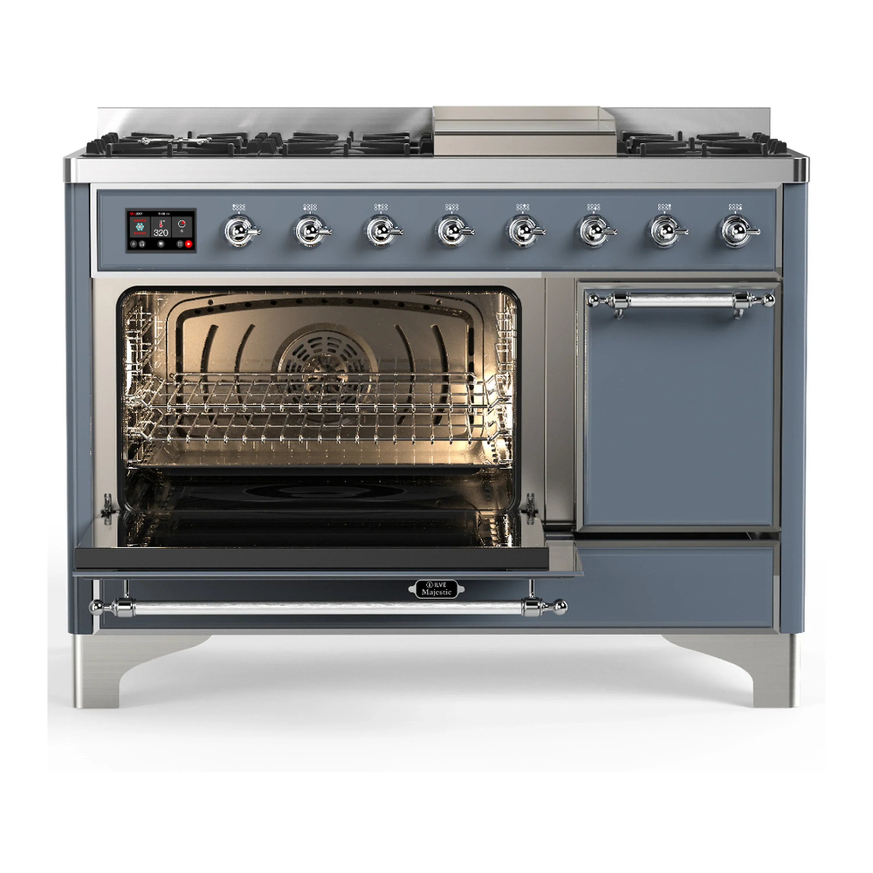 ILVE Majestic III 48-inch Dual Fuel Range with 5 Natural Gas Burner, Griddle and Solid Door Electric Oven in Blue Grey with Chrome Trim (UM48FQNR3BGC) - Image 4