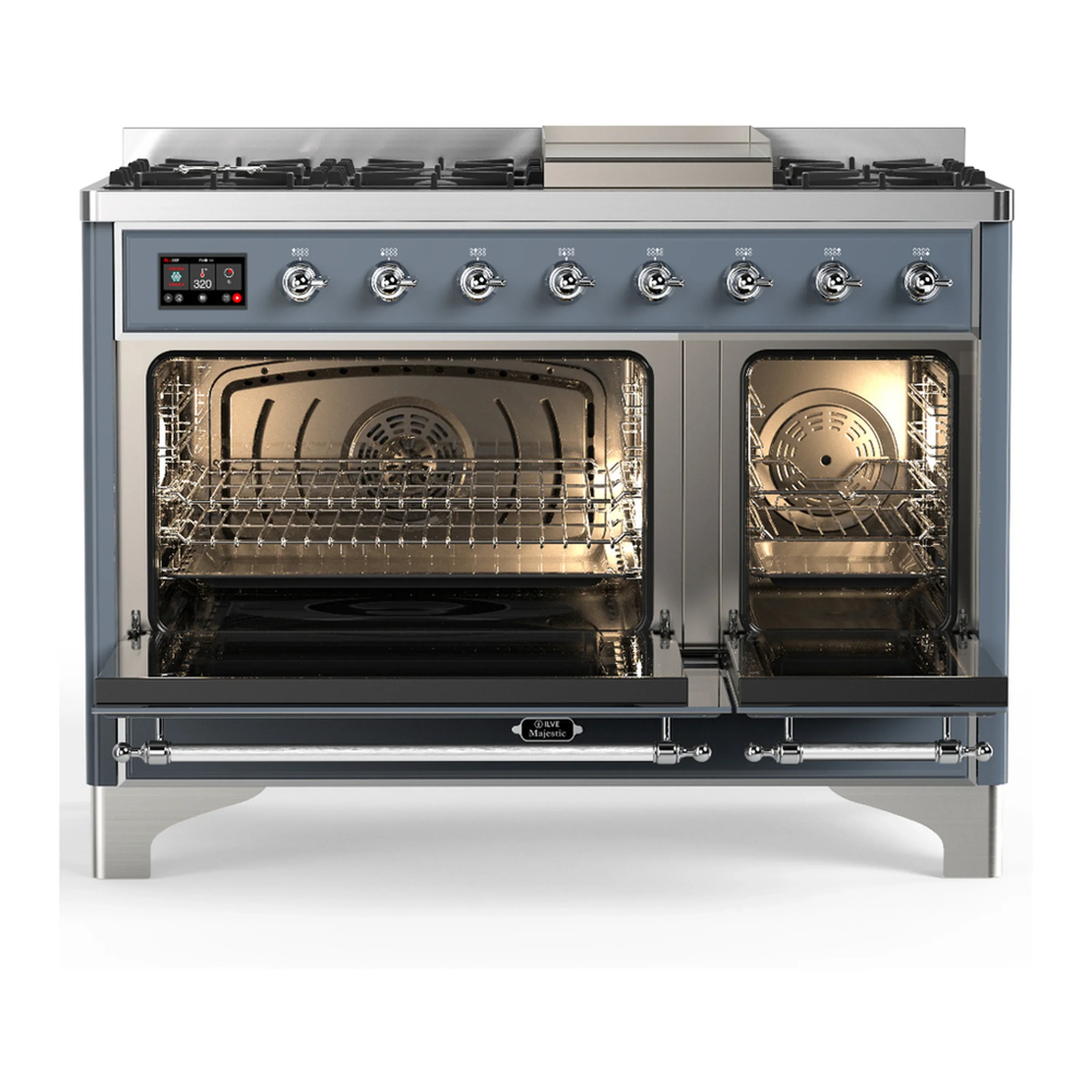 ILVE Majestic III 48-inch Dual Fuel Range with 5 Natural Gas Burner, Griddle and Solid Door Electric Oven in Blue Grey with Chrome Trim (UM48FQNR3BGC) - Image 5