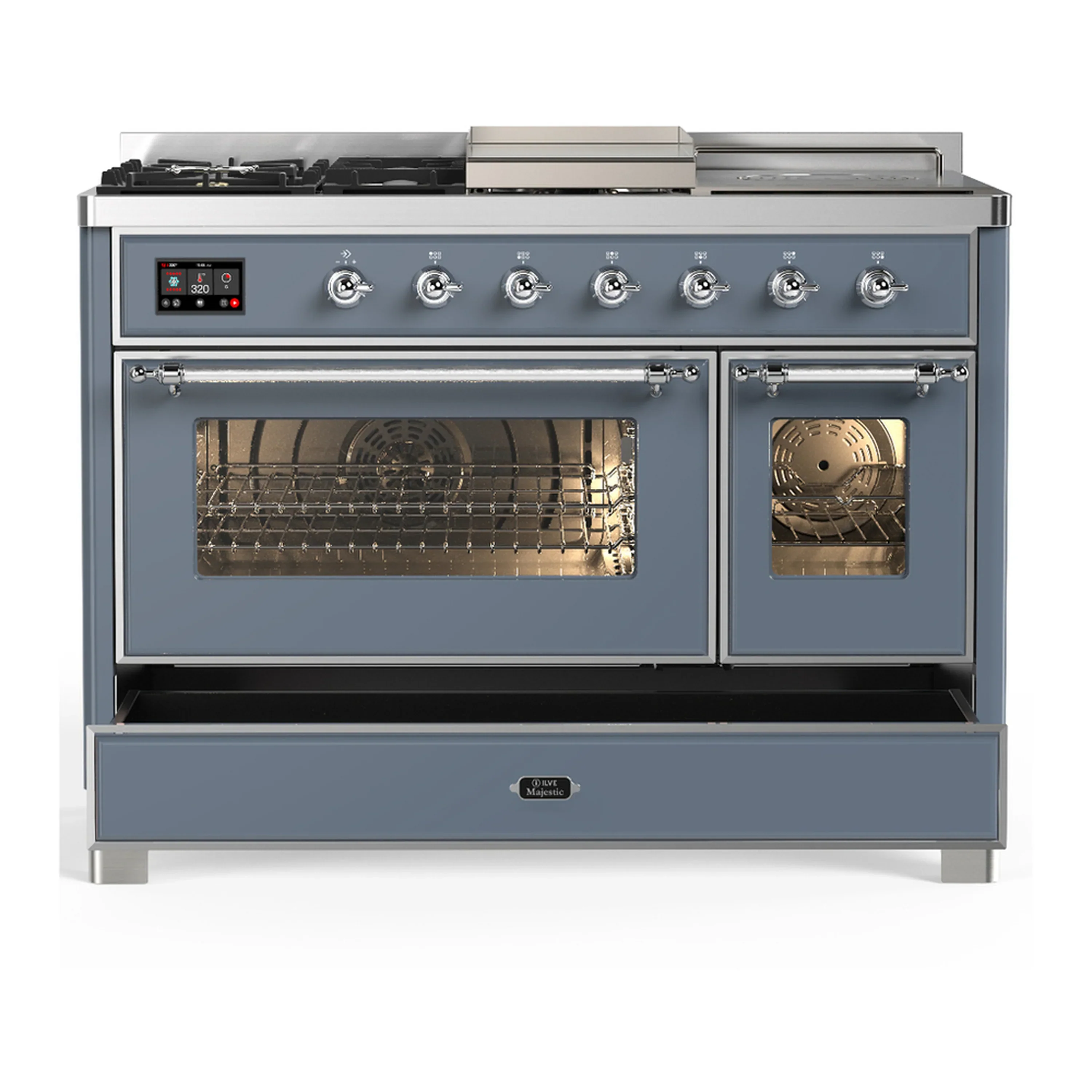 ILVE Majestic III 48-inch Dual Fuel Range with 5 Natural Gas Burner, Griddle, French Top and Triple Glass Door Electric Oven in Blue Grey with Chrome Trim (UM48FSNR3BGC) - Image 3