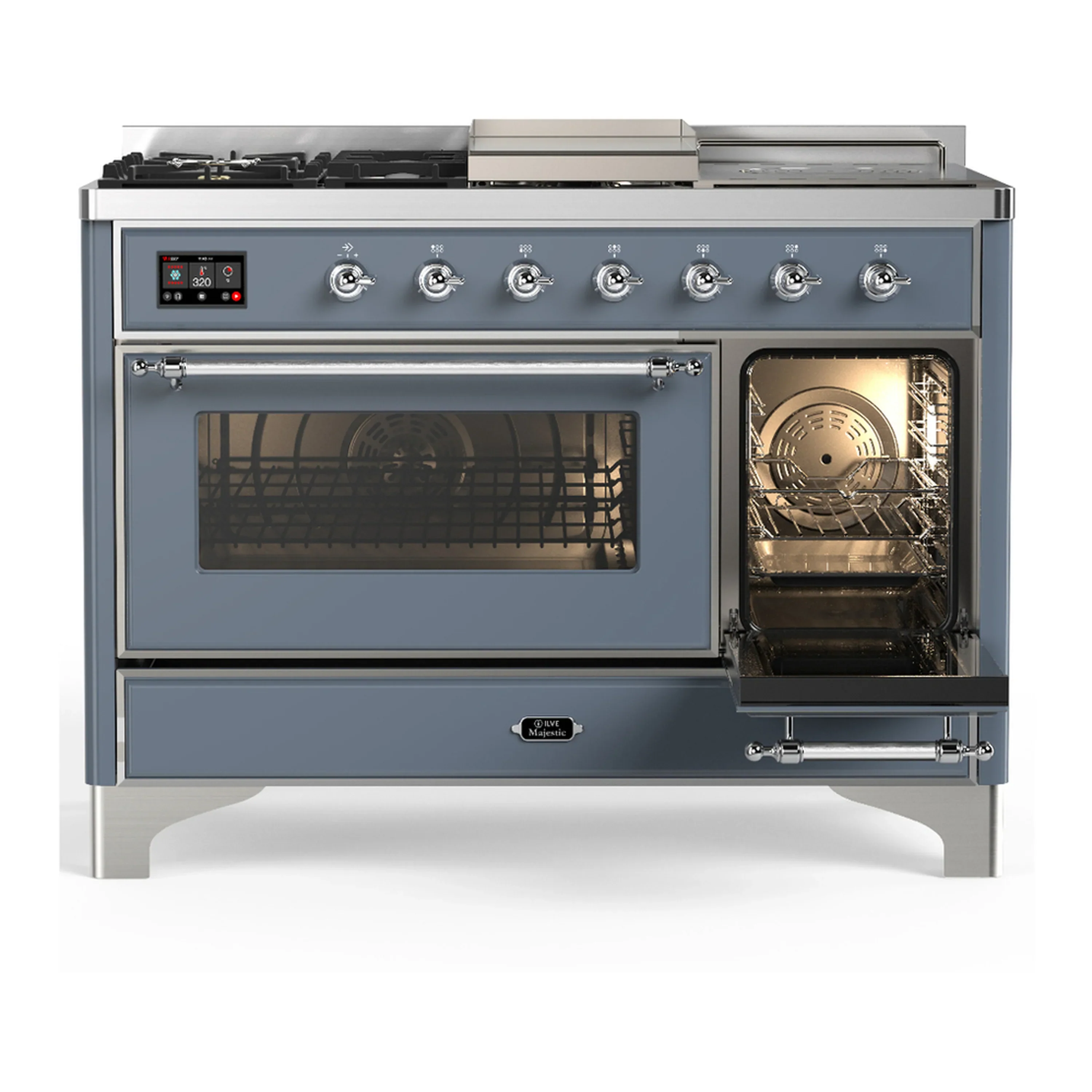 ILVE Majestic III 48-inch Dual Fuel Range with 5 Natural Gas Burner, Griddle, French Top and Triple Glass Door Electric Oven in Blue Grey with Chrome Trim (UM48FSNR3BGC) - Image 4