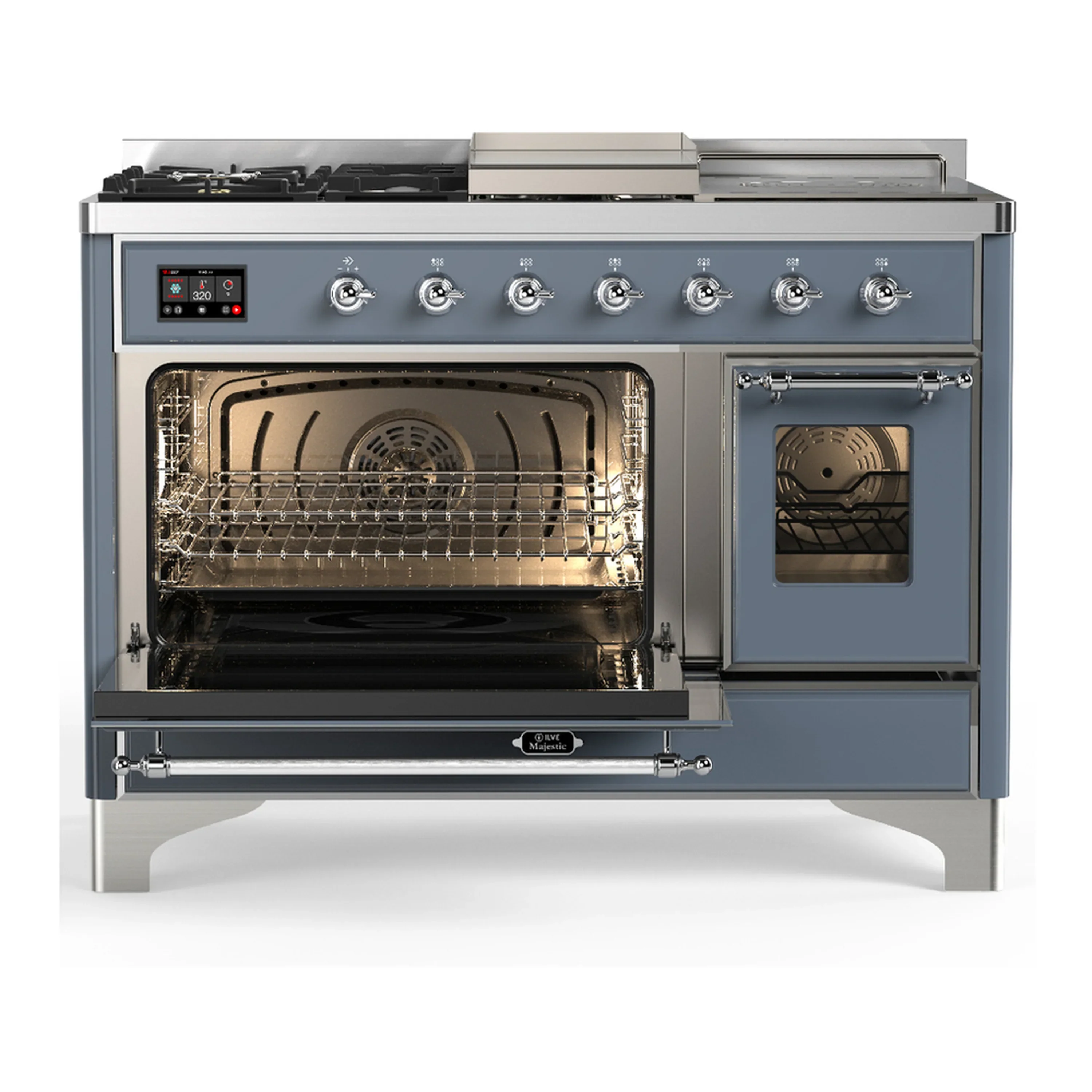ILVE Majestic III 48-inch Dual Fuel Range with 5 Natural Gas Burner, Griddle, French Top and Triple Glass Door Electric Oven in Blue Grey with Chrome Trim (UM48FSNR3BGC) - Image 5