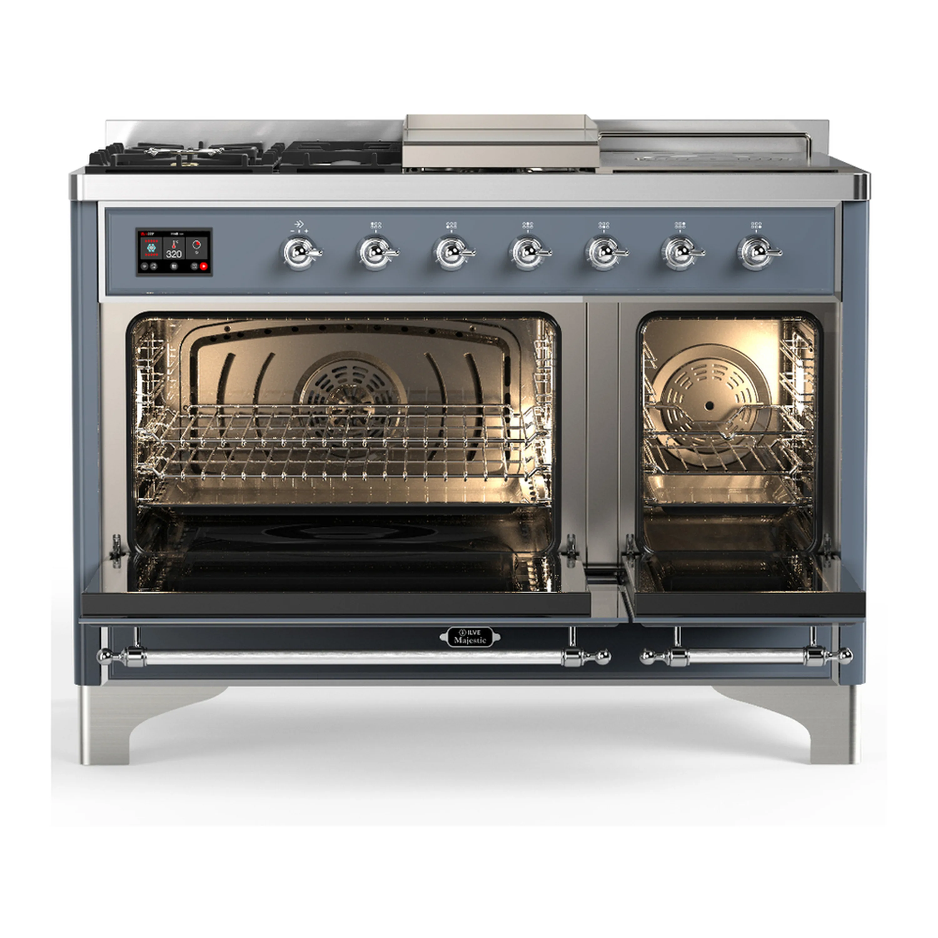 ILVE Majestic III 48-inch Dual Fuel Range with 5 Natural Gas Burner, Griddle, French Top and Triple Glass Door Electric Oven in Blue Grey with Chrome Trim (UM48FSNR3BGC) - Image 6