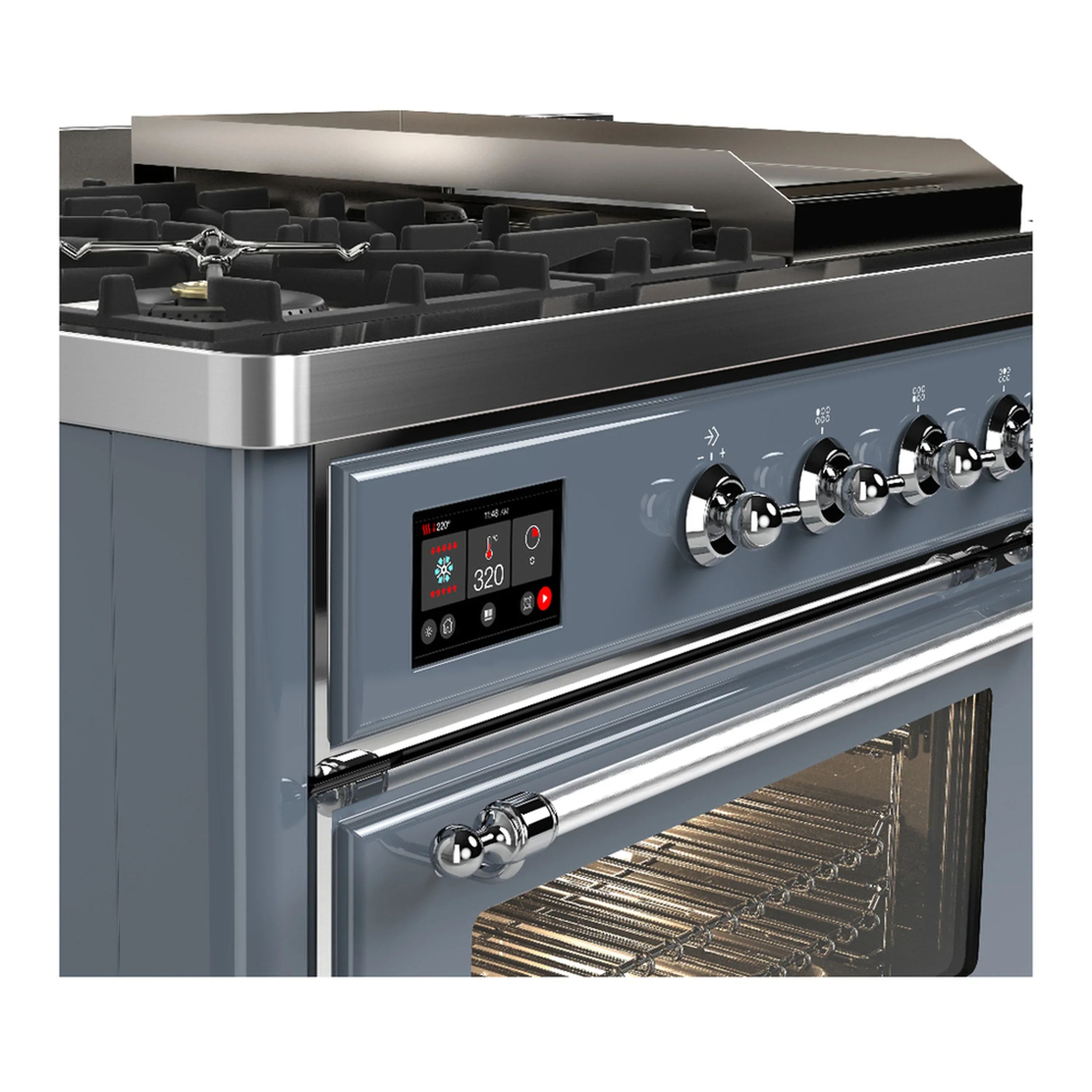 ILVE Majestic III 48-inch Dual Fuel Range with 5 Natural Gas Burner, Griddle, French Top and Triple Glass Door Electric Oven in Blue Grey with Chrome Trim (UM48FSNR3BGC) - Image 7
