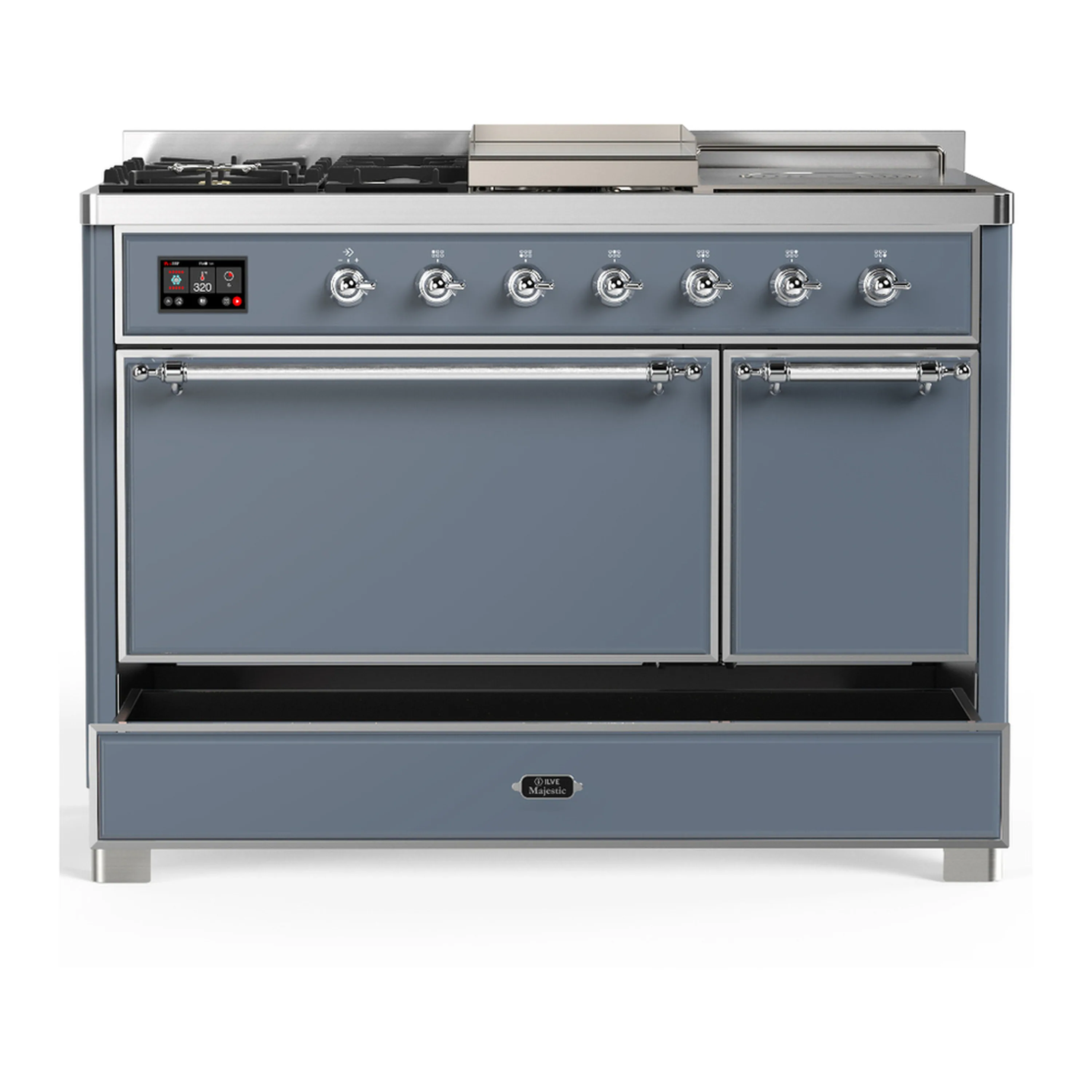 ILVE Majestic III 48-inch Dual Fuel Range with 5 Natural Gas Burner, Griddle, French Top and Solid Door Electric Oven in Blue Grey with Chrome Trim (UM48FSQNR3BGC) - Image 3