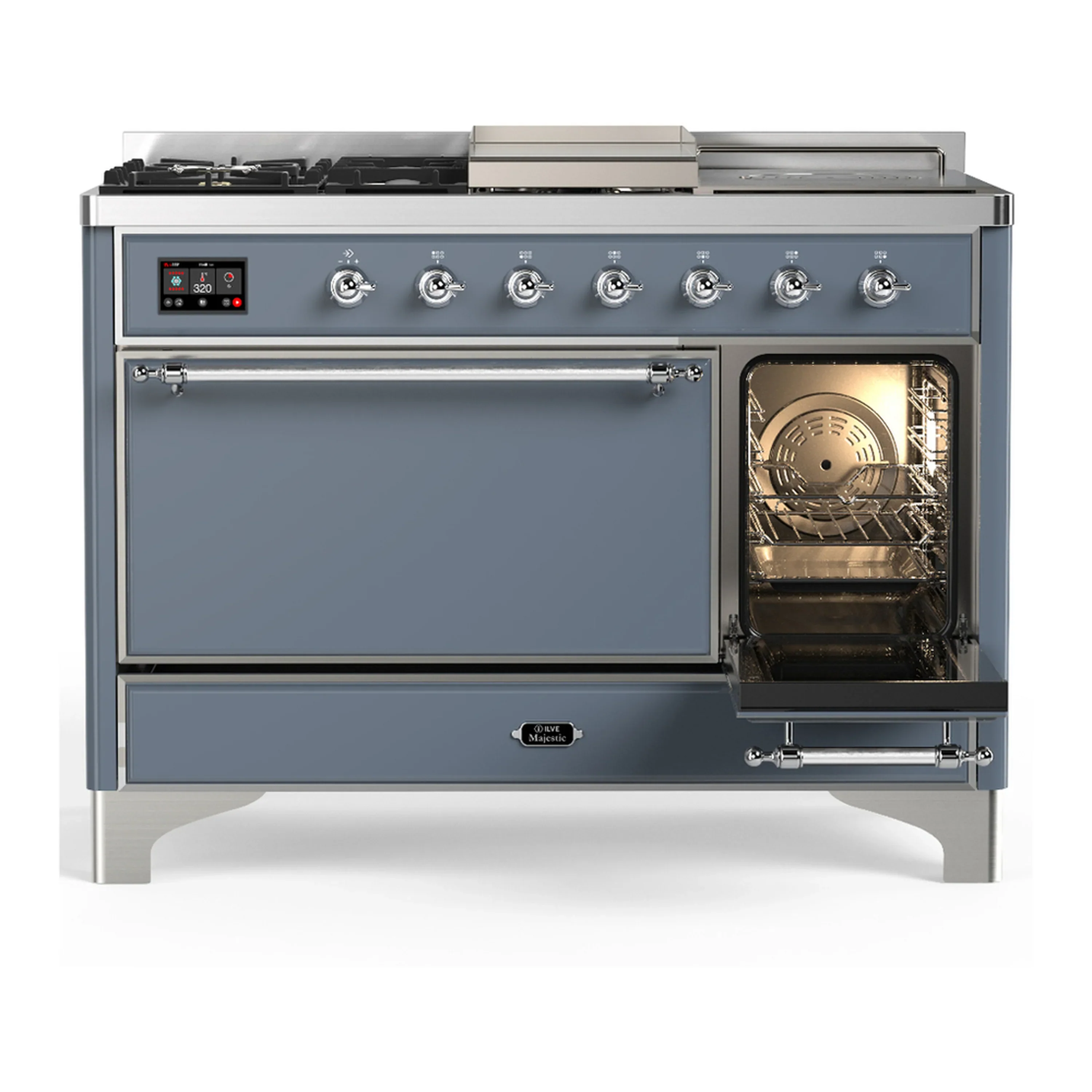 ILVE Majestic III 48-inch Dual Fuel Range with 5 Liquid Propane Burner, Griddle, French Top and Solid Door Electric Oven in Blue Grey with Chrome Trim (UM48FSQNR3BGCLP) - Image 4
