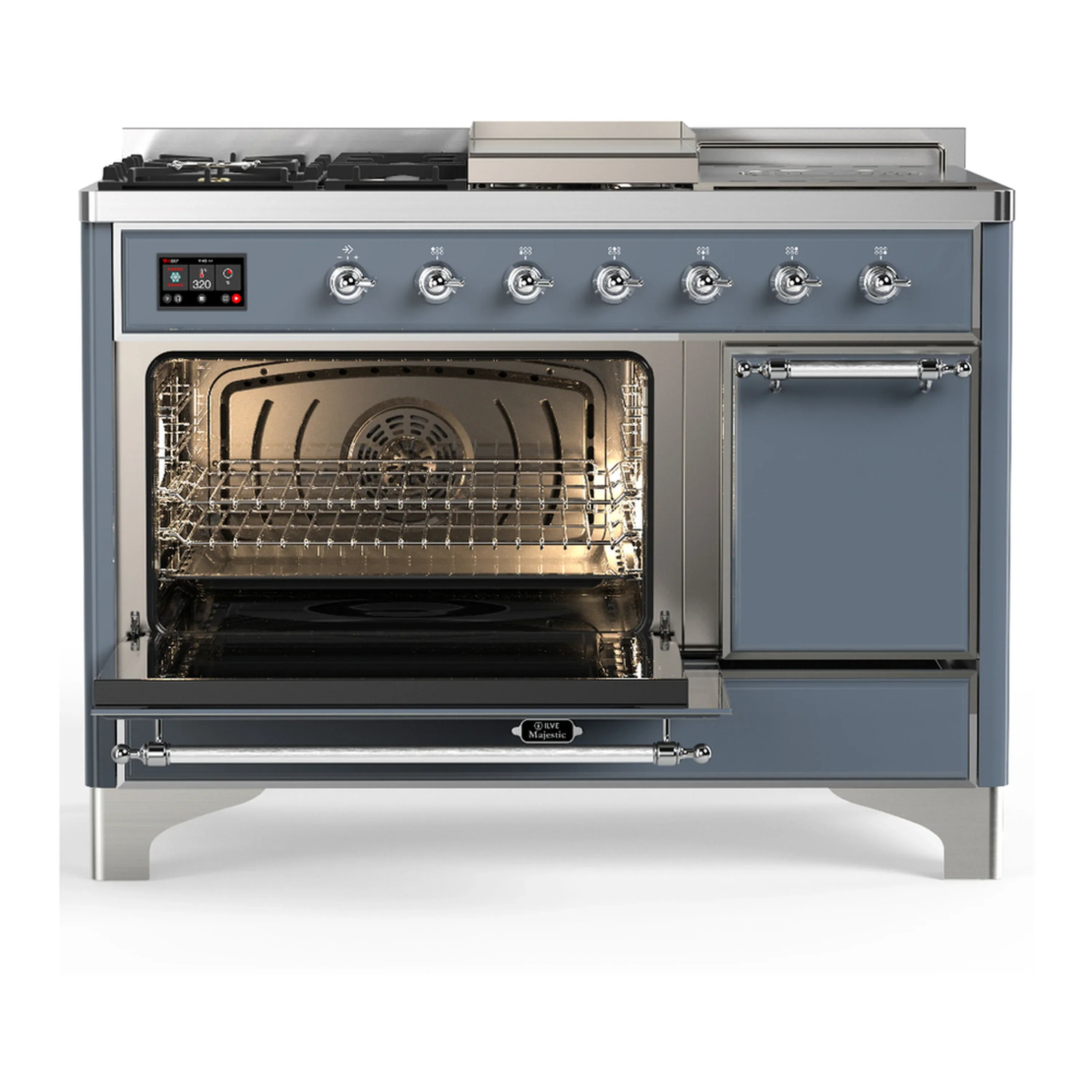 ILVE Majestic III 48-inch Dual Fuel Range with 5 Liquid Propane Burner, Griddle, French Top and Solid Door Electric Oven in Blue Grey with Chrome Trim (UM48FSQNR3BGCLP) - Image 5