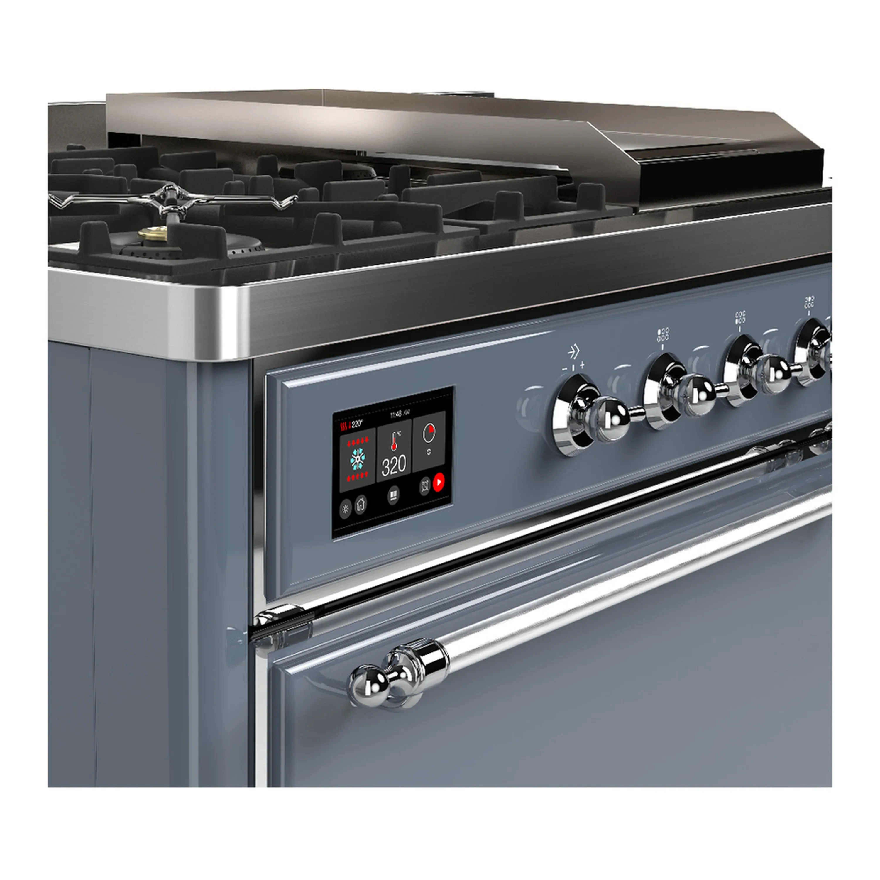 ILVE Majestic III 48-inch Dual Fuel Range with 5 Liquid Propane Burner, Griddle, French Top and Solid Door Electric Oven in Blue Grey with Chrome Trim (UM48FSQNR3BGCLP) - Image 7