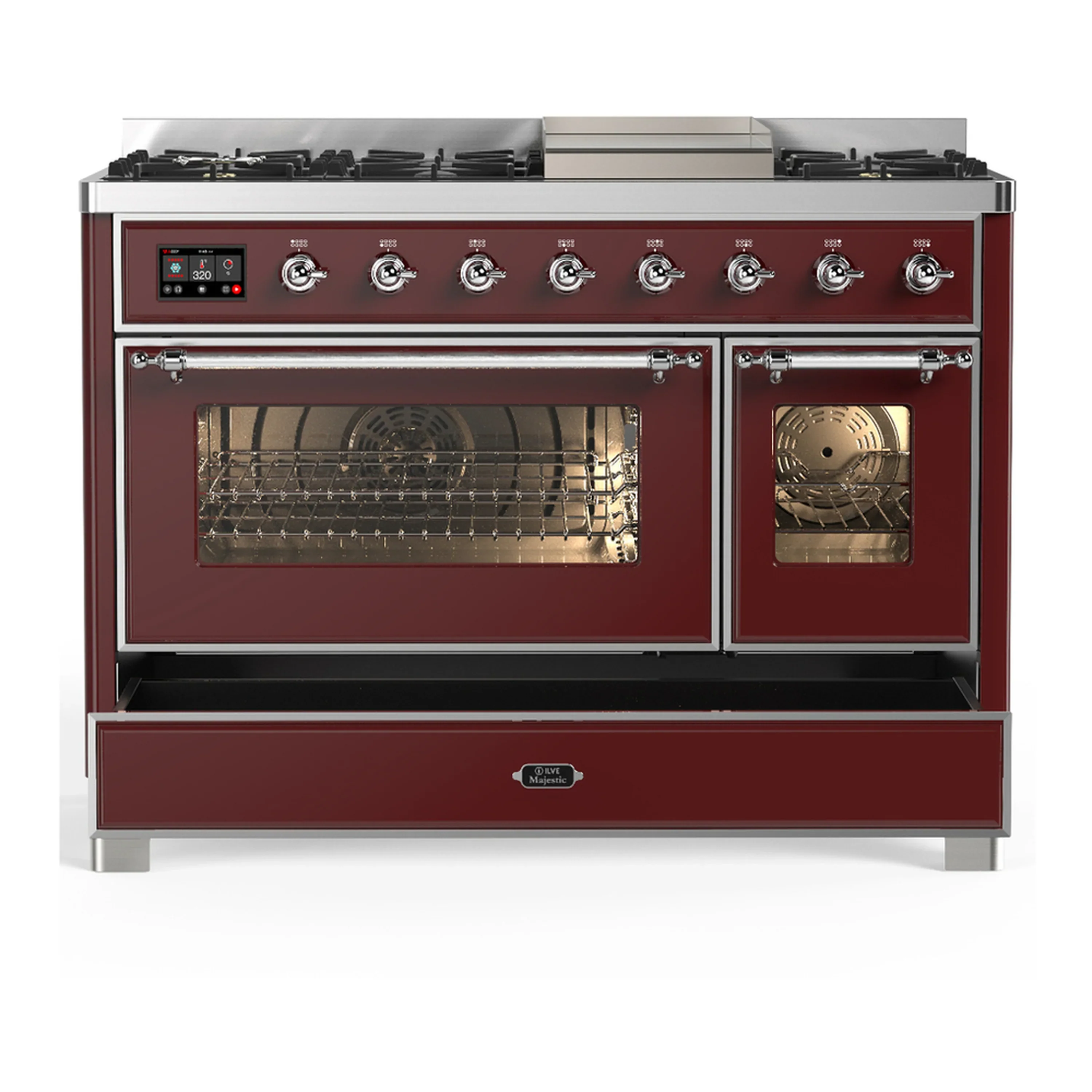 ILVE Majestic III 48-inch Dual Fuel Range with 5 Natural Gas Burner, Griddle and Triple Glass Door Electric Oven in Burgundy with Chrome Trim (UM48FNR3BUC) - Image 3
