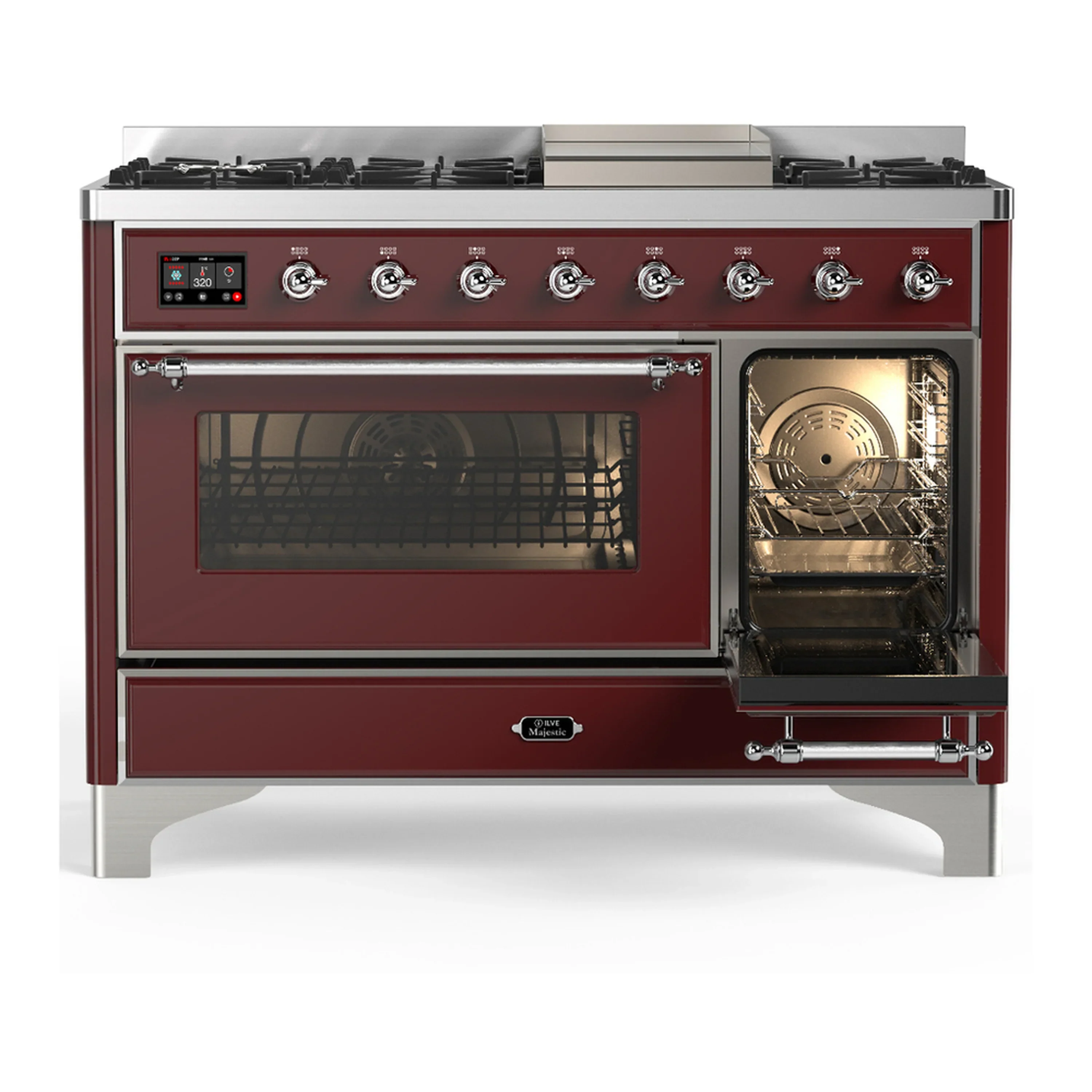ILVE Majestic III 48-inch Dual Fuel Range with 5 Natural Gas Burner, Griddle and Triple Glass Door Electric Oven in Burgundy with Chrome Trim (UM48FNR3BUC) - Image 4