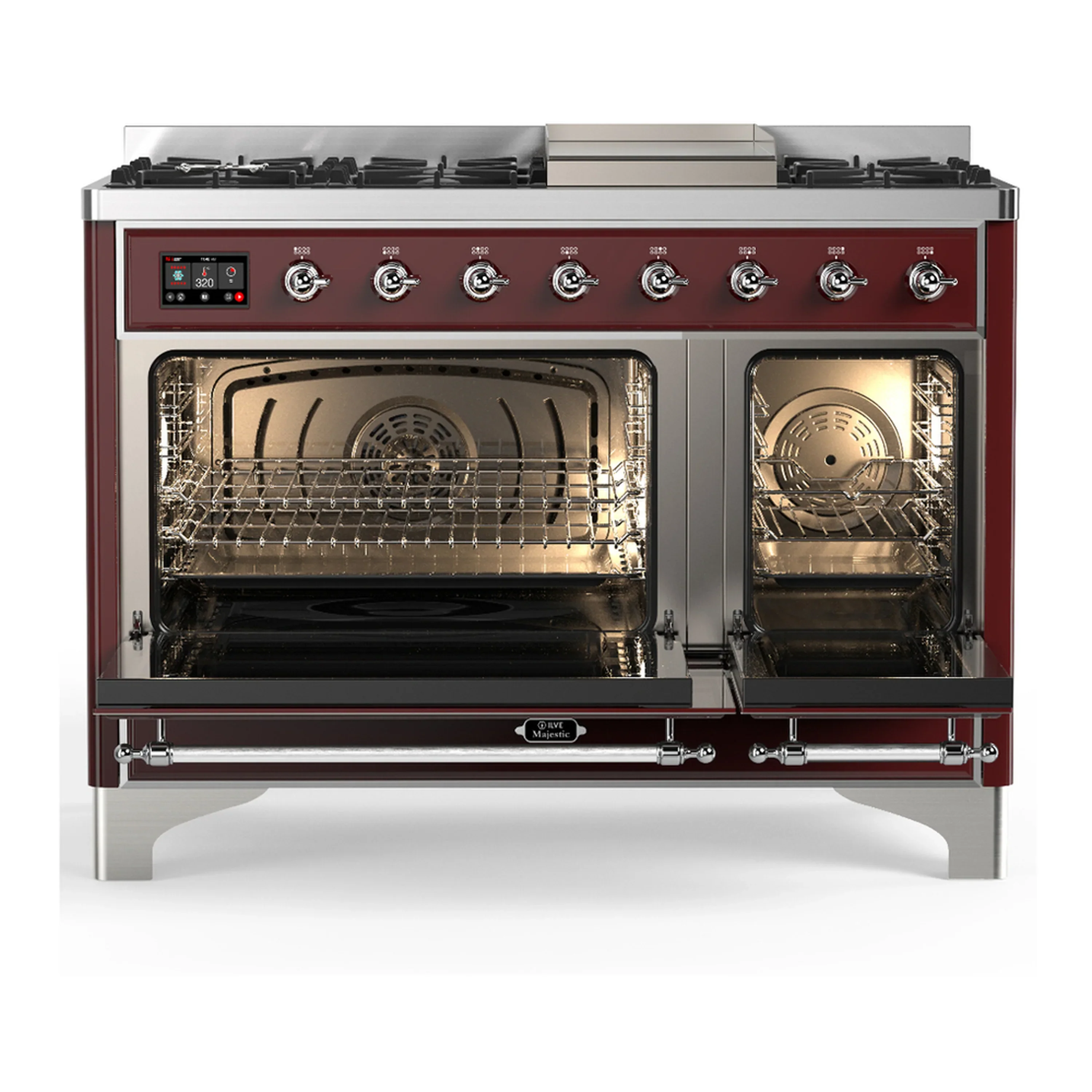 ILVE Majestic III 48-inch Dual Fuel Range with 5 Natural Gas Burner, Griddle and Triple Glass Door Electric Oven in Burgundy with Chrome Trim (UM48FNR3BUC) - Image 6