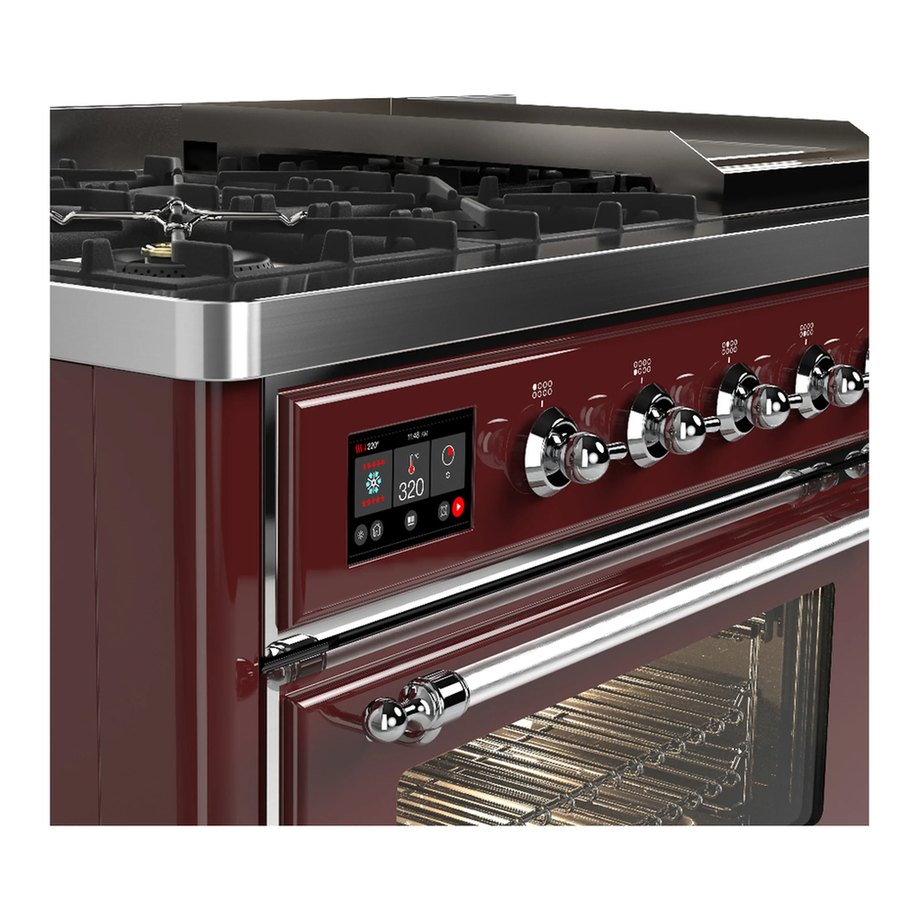 ILVE Majestic III 48-inch Dual Fuel Range with 5 Natural Gas Burner, Griddle and Triple Glass Door Electric Oven in Burgundy with Chrome Trim (UM48FNR3BUC) - Image 7