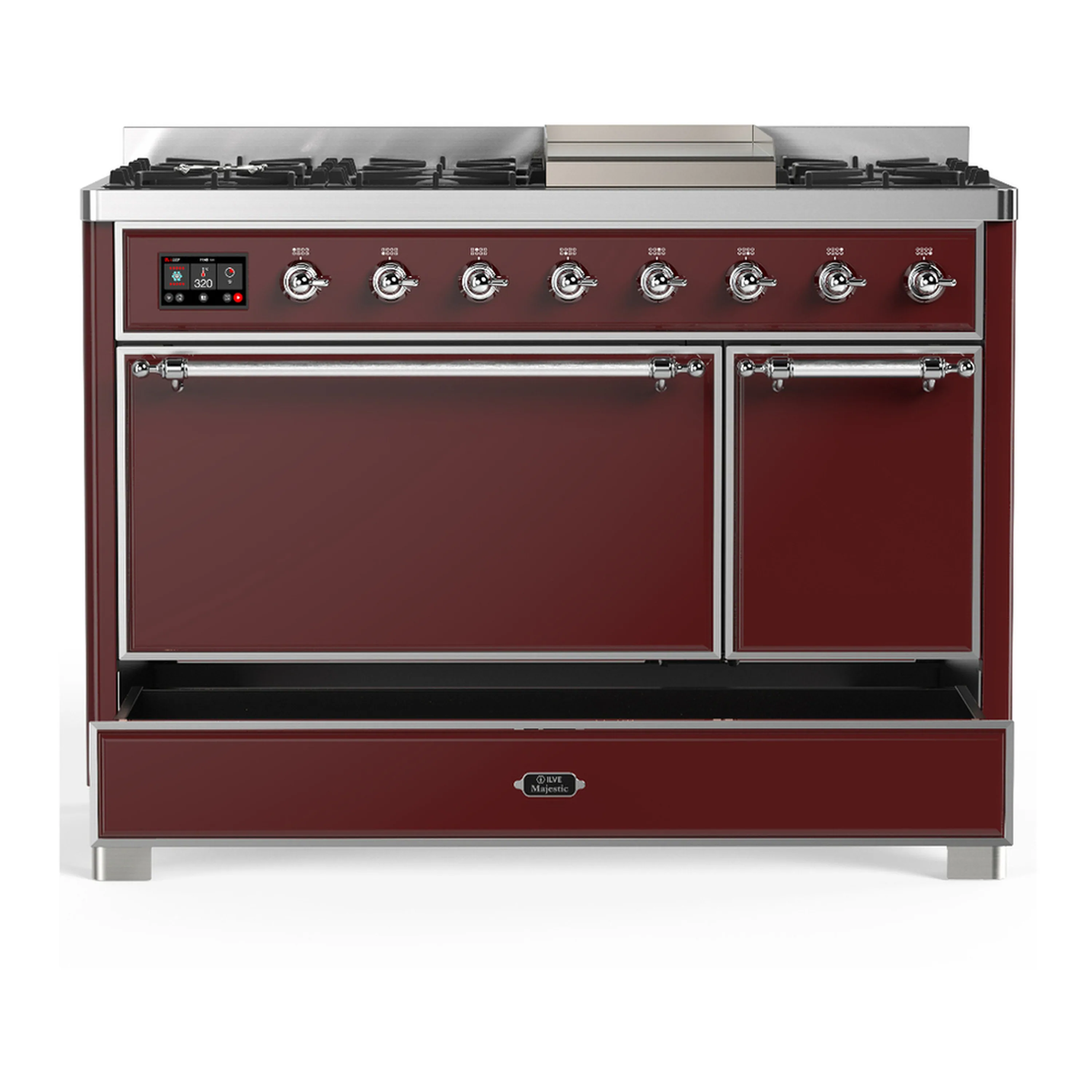 ILVE Majestic III 48-inch Dual Fuel Range with 5 Natural Gas Burner, Griddle and Solid Door Electric Oven in Burgundy with Chrome Trim (UM48FQNR3BUC) - Image 3