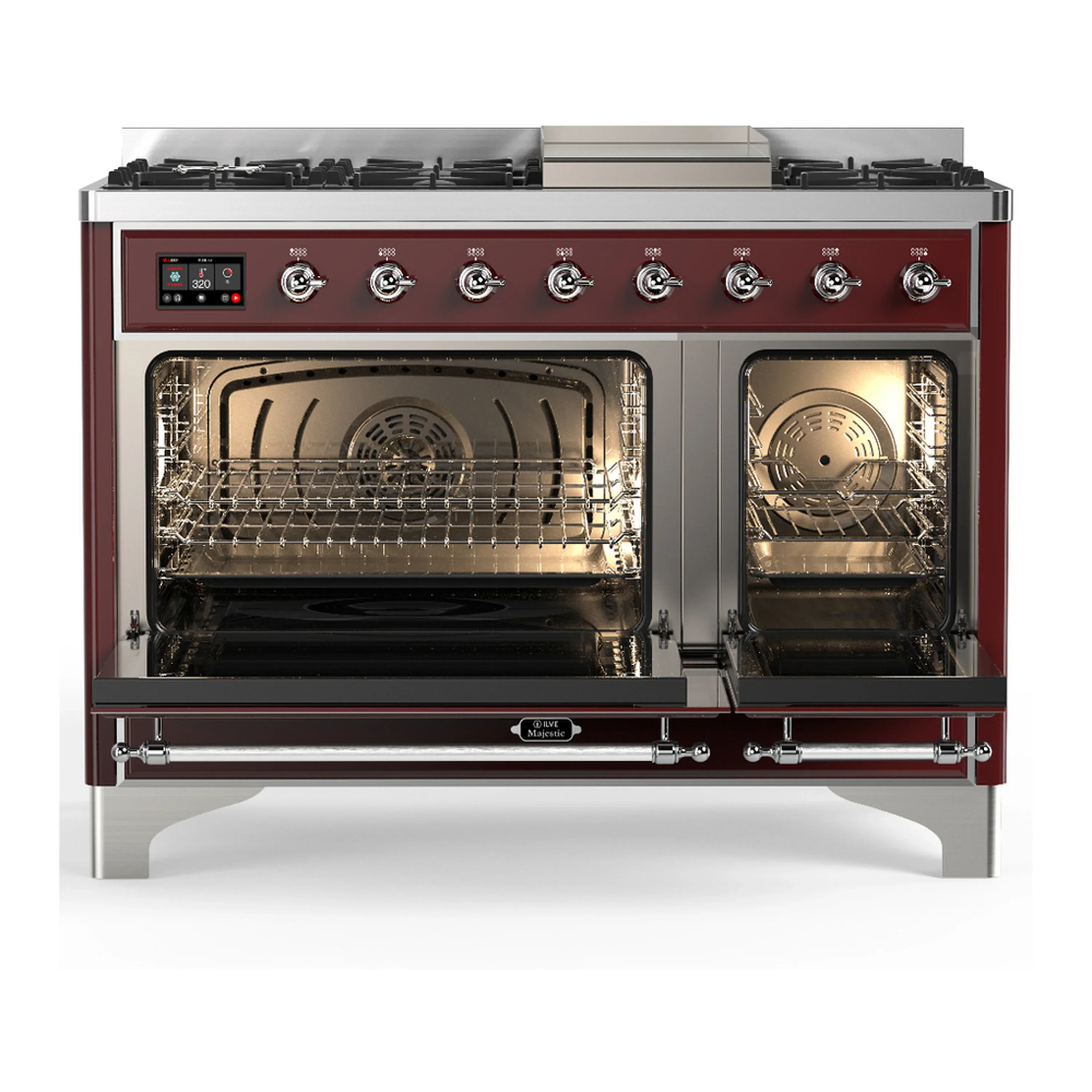 ILVE Majestic III 48-inch Dual Fuel Range with 5 Natural Gas Burner, Griddle and Solid Door Electric Oven in Burgundy with Chrome Trim (UM48FQNR3BUC) - Image 6
