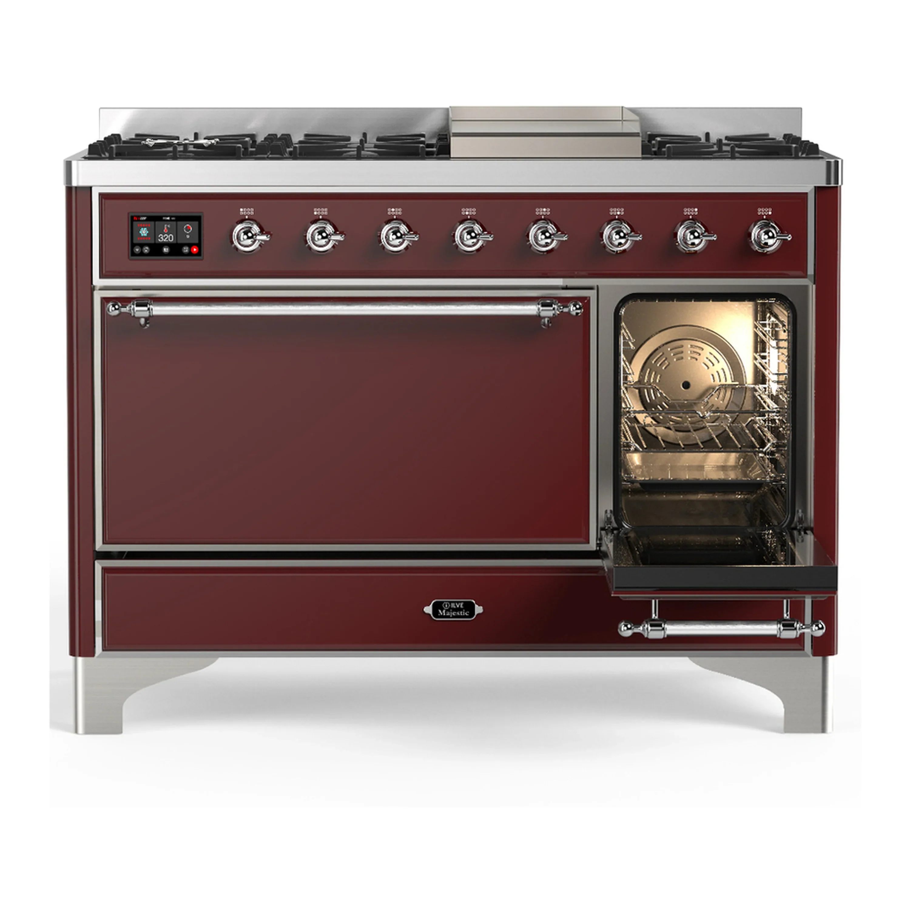 ILVE Majestic III 48-inch Dual Fuel Range with 5 Liquid Propane Burner, Griddle and Solid Door Electric Oven in Burgundy with Chrome Trim (UM48FQNR3BUCLP) - Image 4