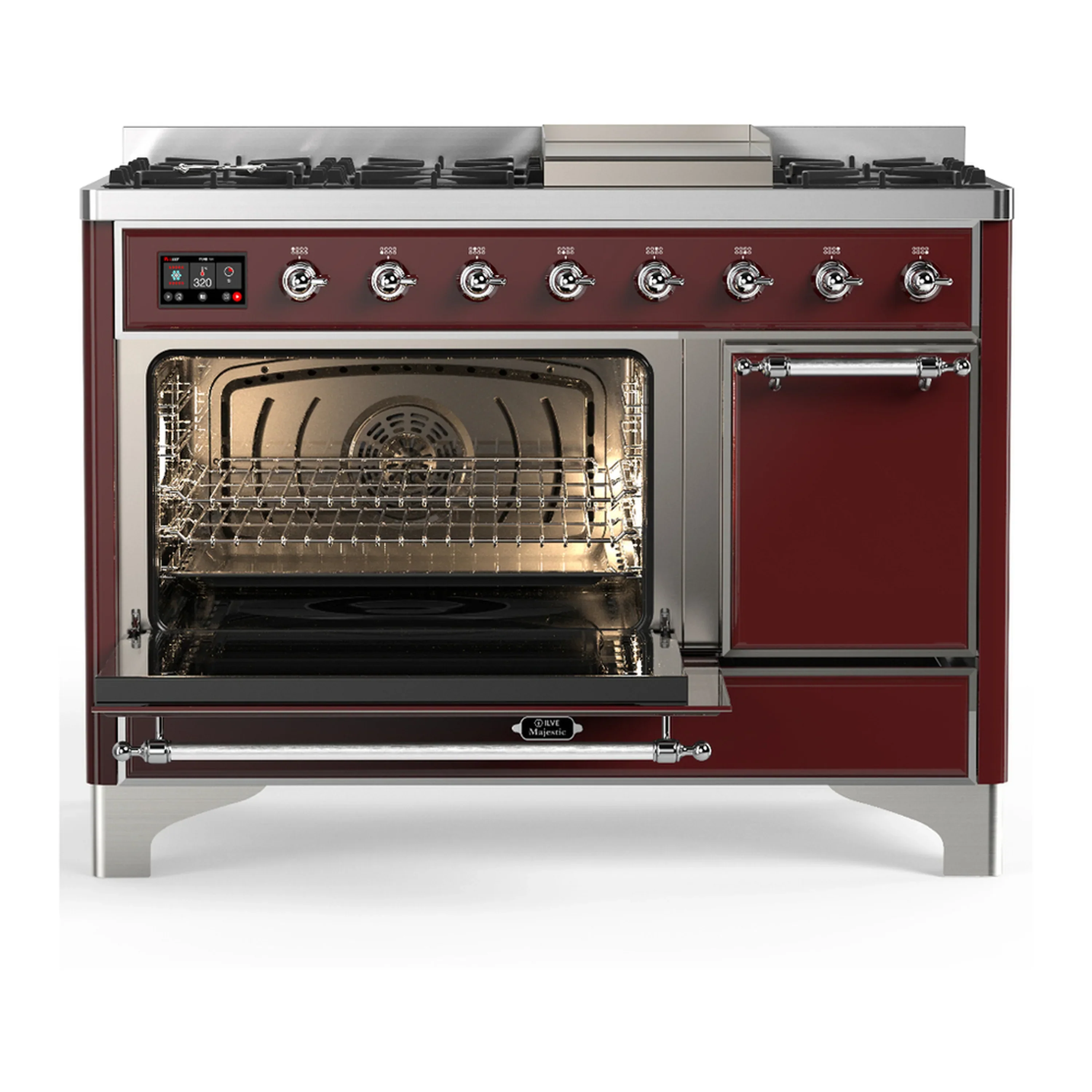 ILVE Majestic III 48-inch Dual Fuel Range with 5 Liquid Propane Burner, Griddle and Solid Door Electric Oven in Burgundy with Chrome Trim (UM48FQNR3BUCLP) - Image 5