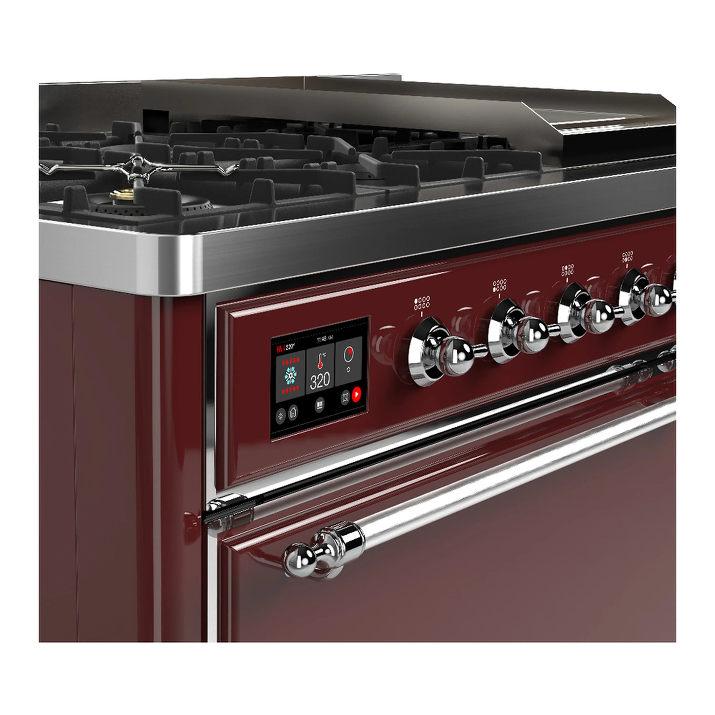 ILVE Majestic III 48-inch Dual Fuel Range with 5 Liquid Propane Burner, Griddle and Solid Door Electric Oven in Burgundy with Chrome Trim (UM48FQNR3BUCLP) - Image 7