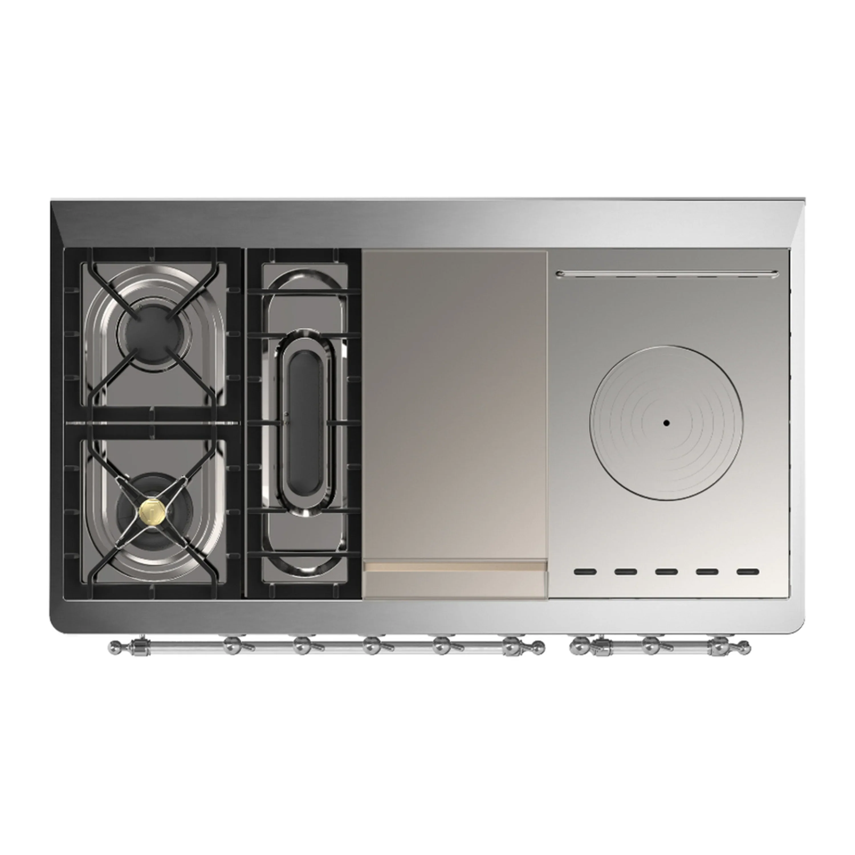 ILVE Majestic III 48-inch Dual Fuel Range with 5 Liquid Propane Burner, Griddle, French Top and Triple Glass Door Electric Oven in Burgundy with Chrome Trim (UM48FSNR3BUCLP) - Image 2