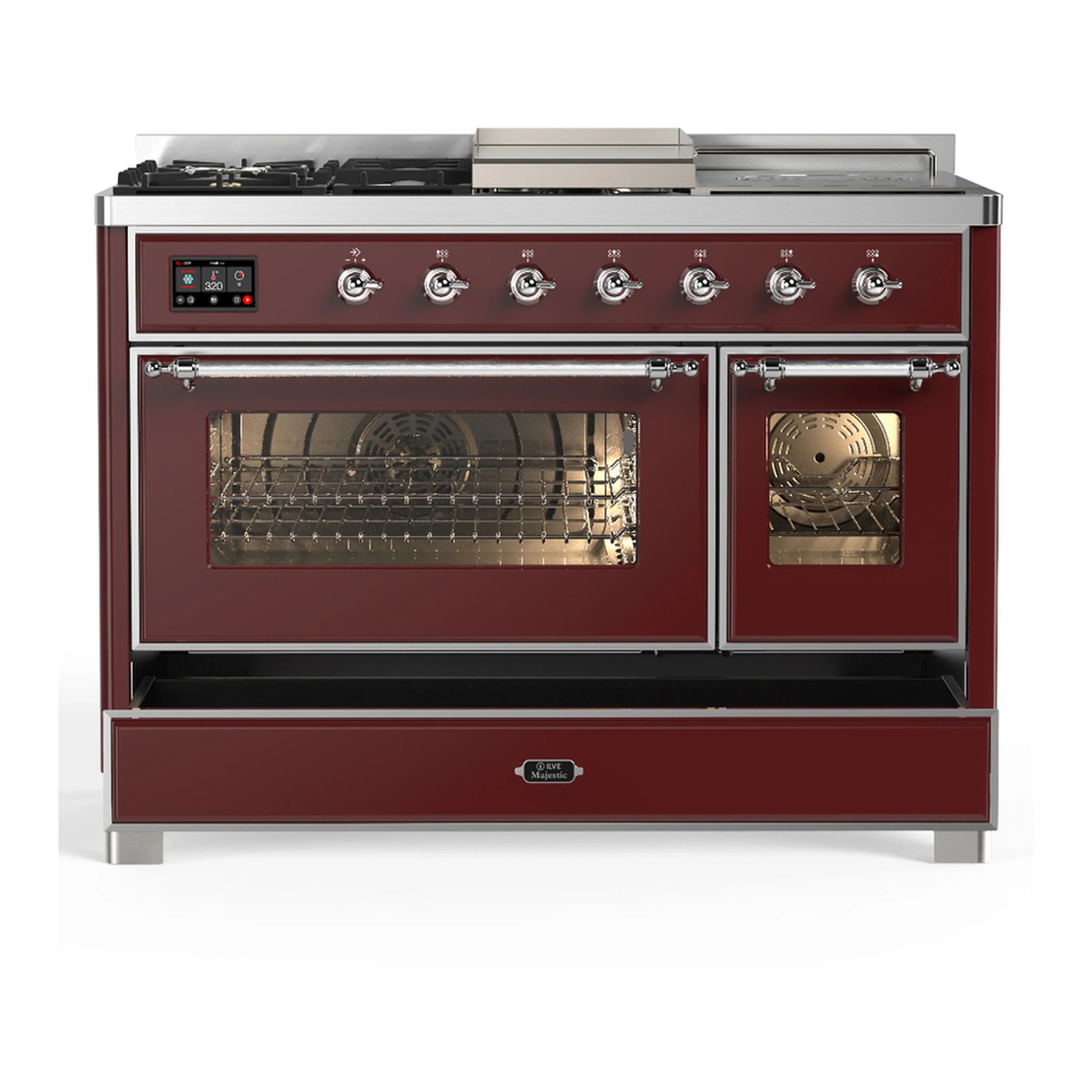ILVE Majestic III 48-inch Dual Fuel Range with 5 Liquid Propane Burner, Griddle, French Top and Triple Glass Door Electric Oven in Burgundy with Chrome Trim (UM48FSNR3BUCLP) - Image 3