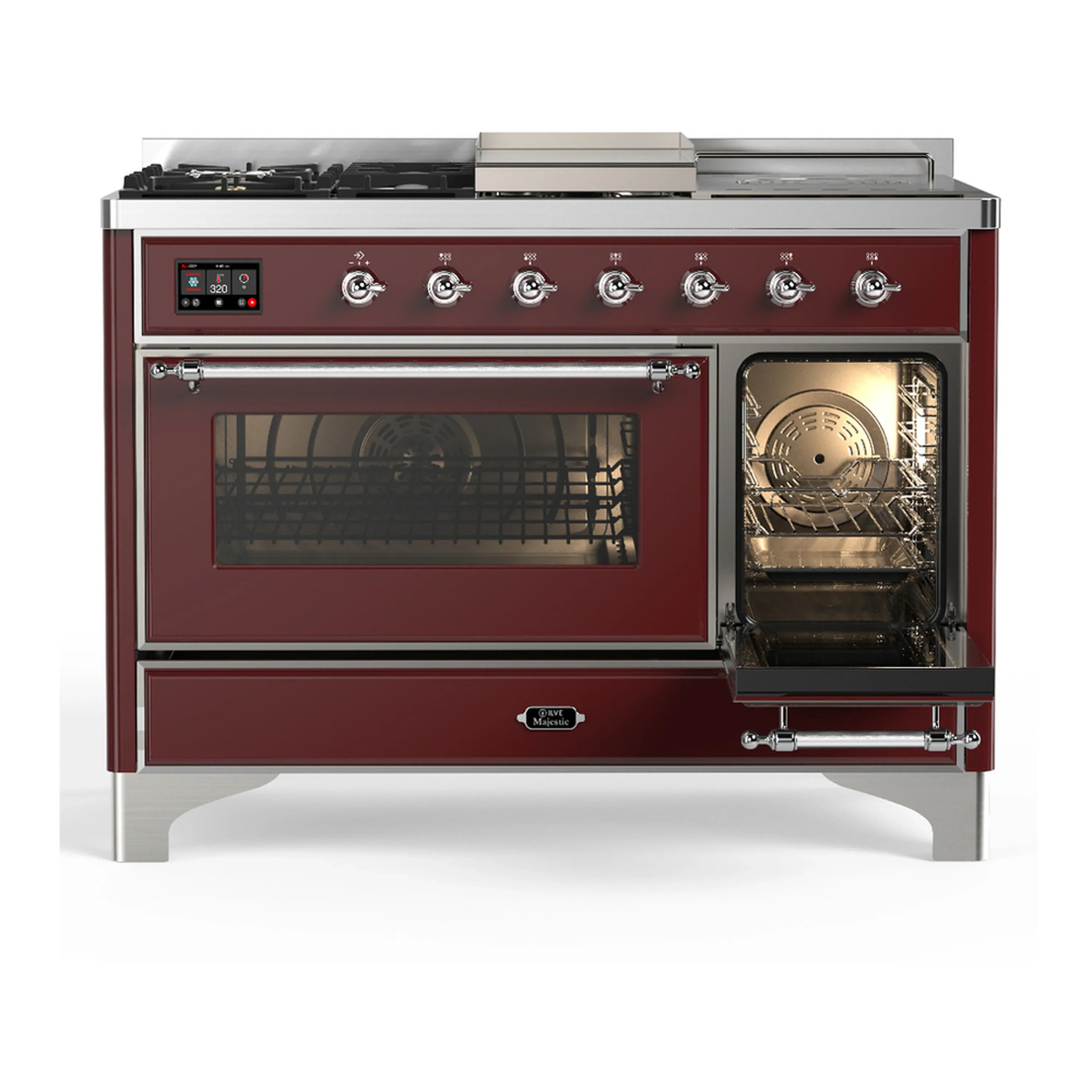 ILVE Majestic III 48-inch Dual Fuel Range with 5 Liquid Propane Burner, Griddle, French Top and Triple Glass Door Electric Oven in Burgundy with Chrome Trim (UM48FSNR3BUCLP) - Image 4