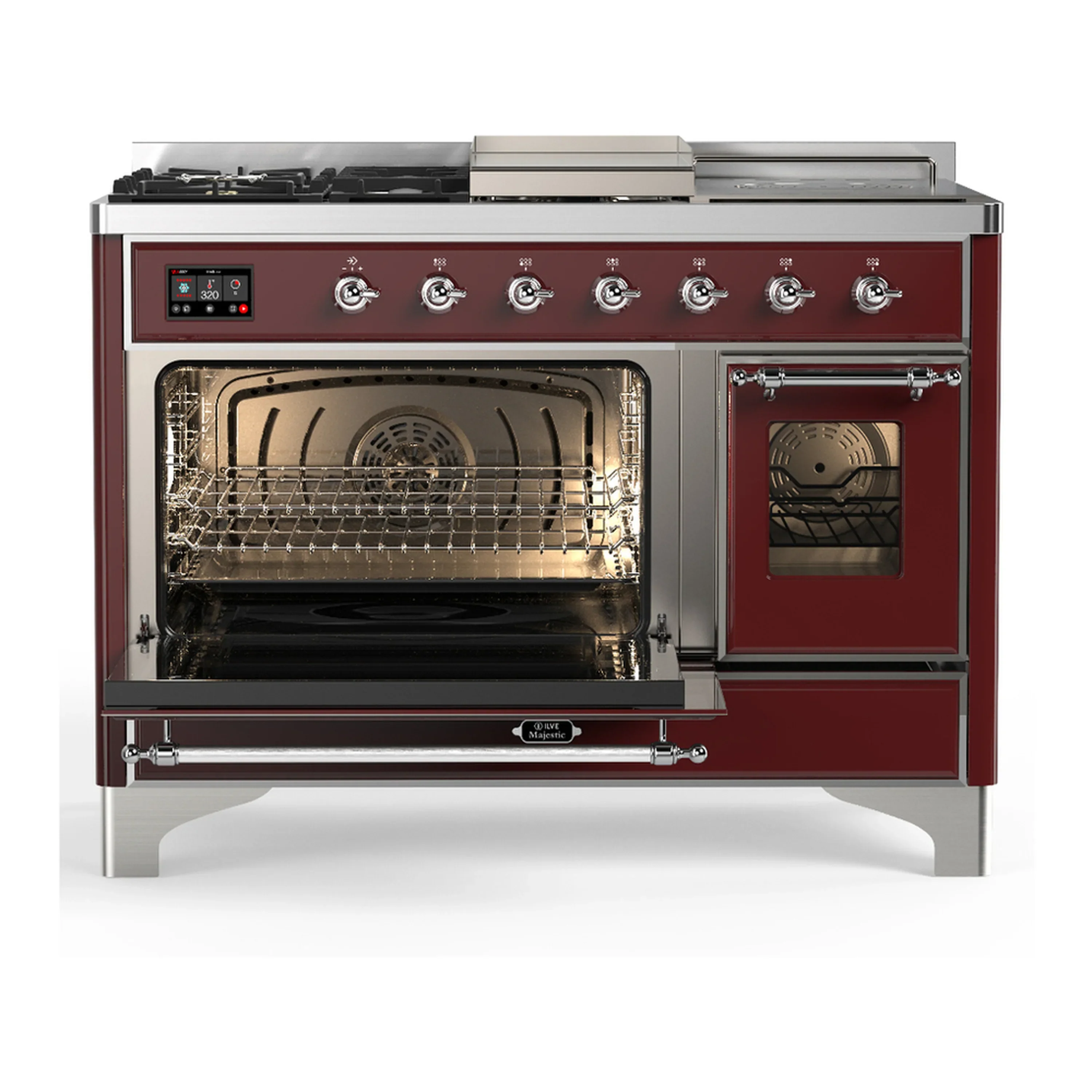 ILVE Majestic III 48-inch Dual Fuel Range with 5 Liquid Propane Burner, Griddle, French Top and Triple Glass Door Electric Oven in Burgundy with Chrome Trim (UM48FSNR3BUCLP) - Image 5
