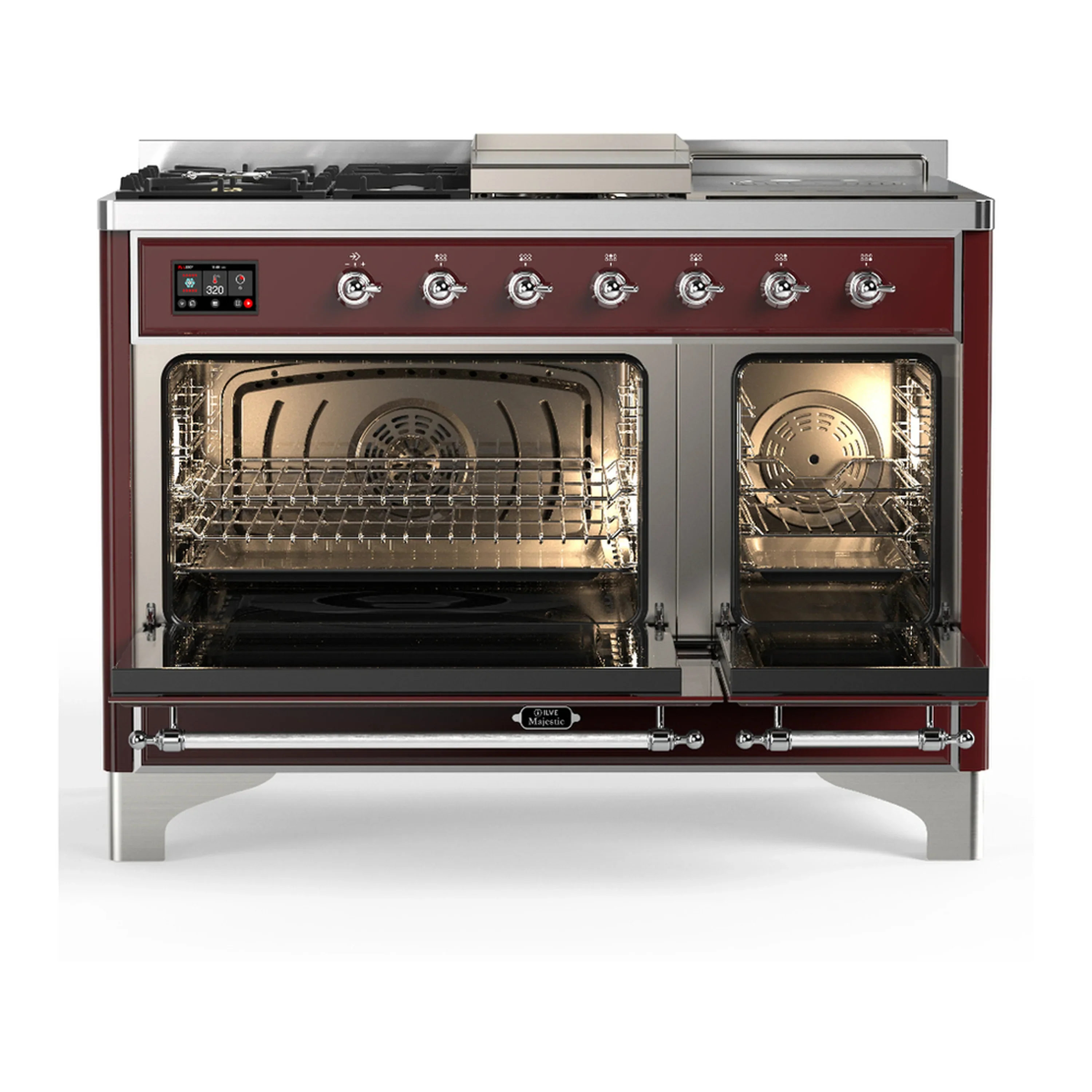 ILVE Majestic III 48-inch Dual Fuel Range with 5 Liquid Propane Burner, Griddle, French Top and Triple Glass Door Electric Oven in Burgundy with Chrome Trim (UM48FSNR3BUCLP) - Image 6