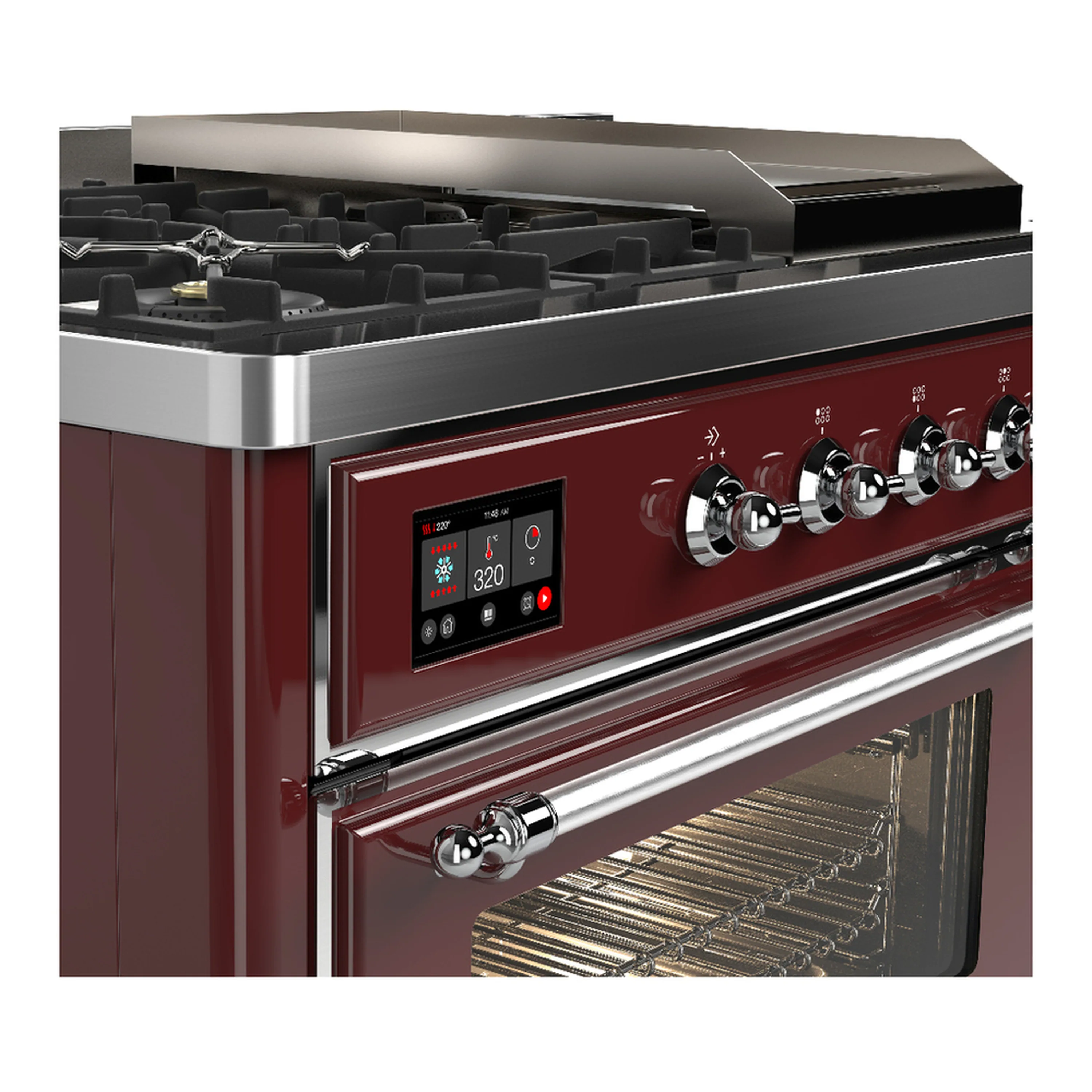 ILVE Majestic III 48-inch Dual Fuel Range with 5 Liquid Propane Burner, Griddle, French Top and Triple Glass Door Electric Oven in Burgundy with Chrome Trim (UM48FSNR3BUCLP) - Image 7