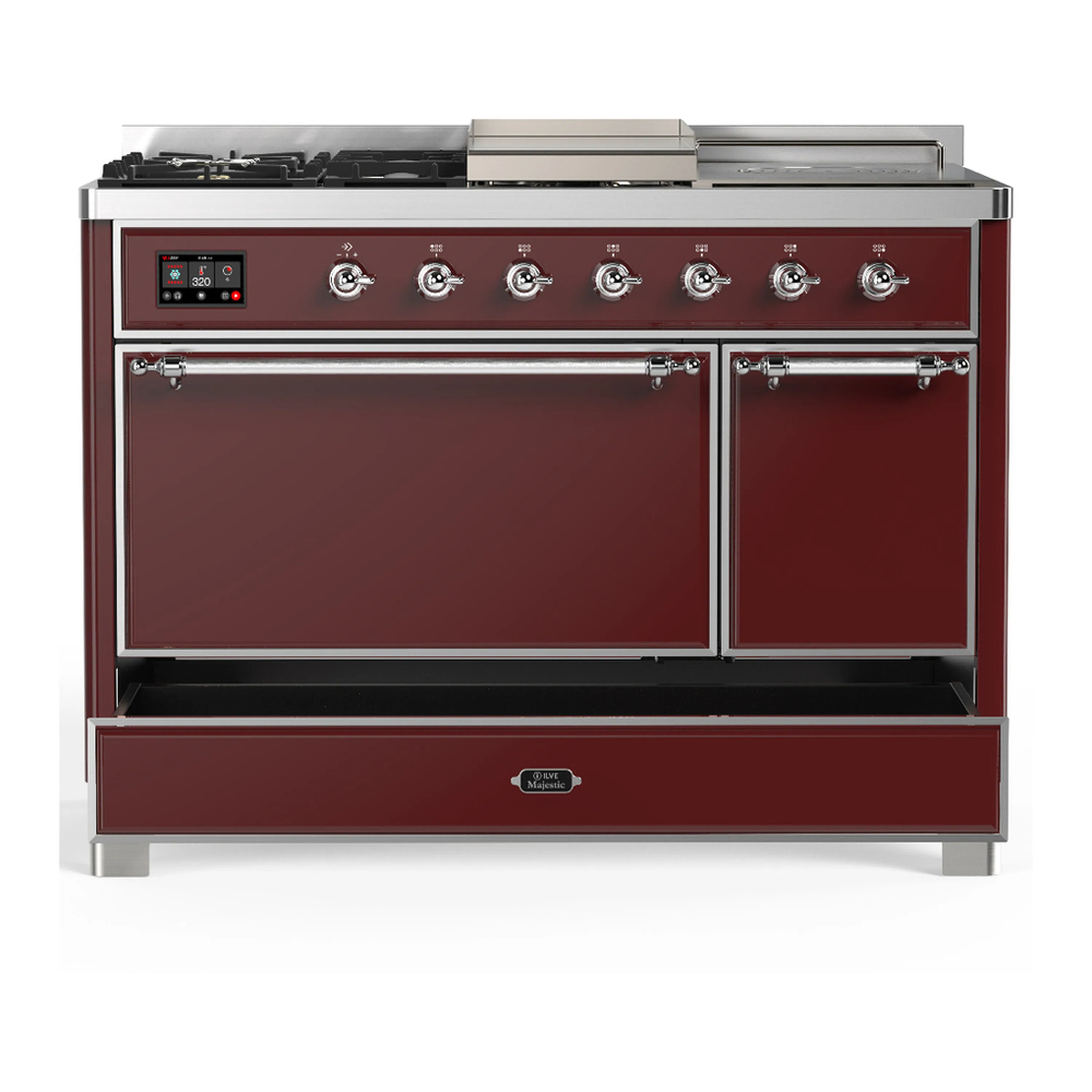 ILVE Majestic III 48-inch Dual Fuel Range with 5 Natural Gas Burner, Griddle, French Top and Solid Door Electric Oven in Burgundy with Chrome Trim (UM48FSQNR3BUC) - Image 3