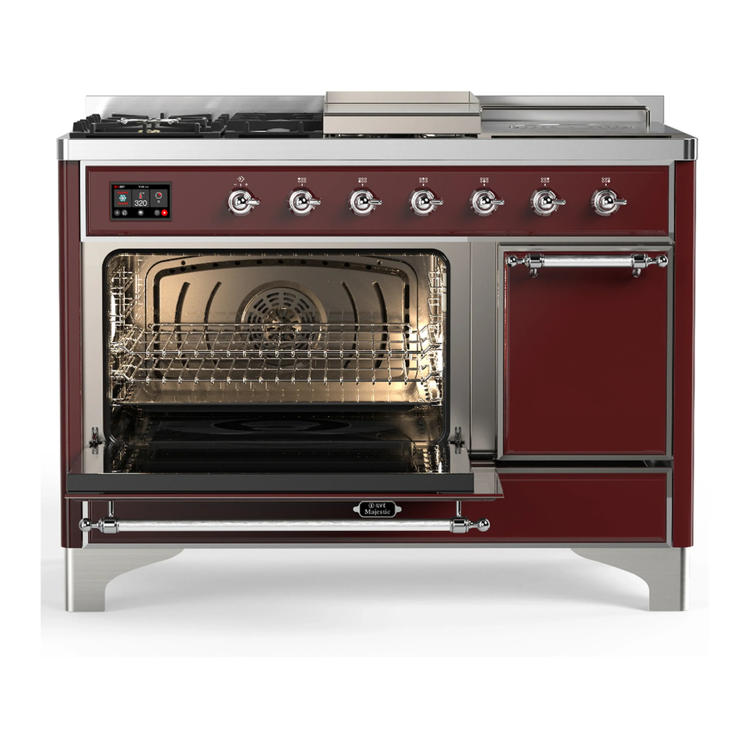 ILVE Majestic III 48-inch Dual Fuel Range with 5 Natural Gas Burner, Griddle, French Top and Solid Door Electric Oven in Burgundy with Chrome Trim (UM48FSQNR3BUC) - Image 5