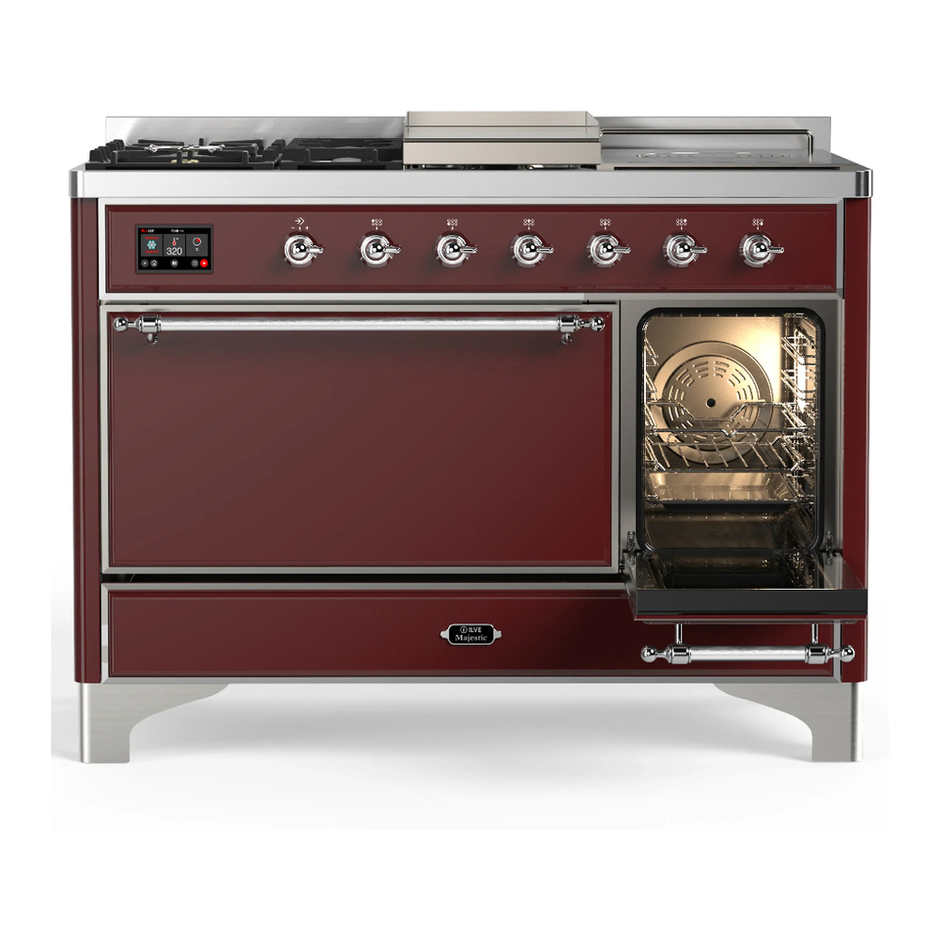 ILVE Majestic III 48-inch Dual Fuel Range with 5 Liquid Propane Burner, Griddle, French Top and Solid Door Electric Oven in Burgundy with Chrome Trim (UM48FSQNR3BUCLP) - Image 4