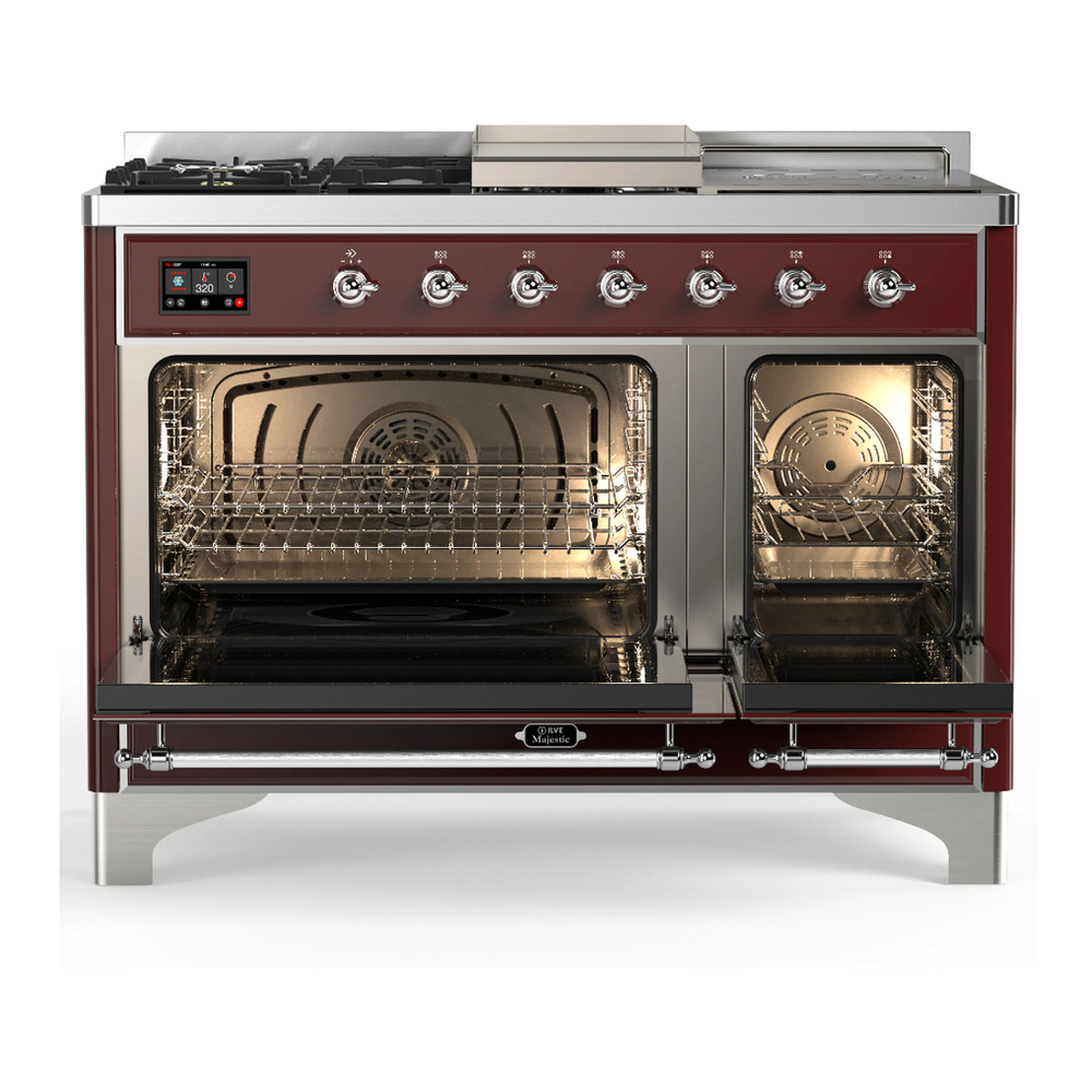 ILVE Majestic III 48-inch Dual Fuel Range with 5 Liquid Propane Burner, Griddle, French Top and Solid Door Electric Oven in Burgundy with Chrome Trim (UM48FSQNR3BUCLP) - Image 6