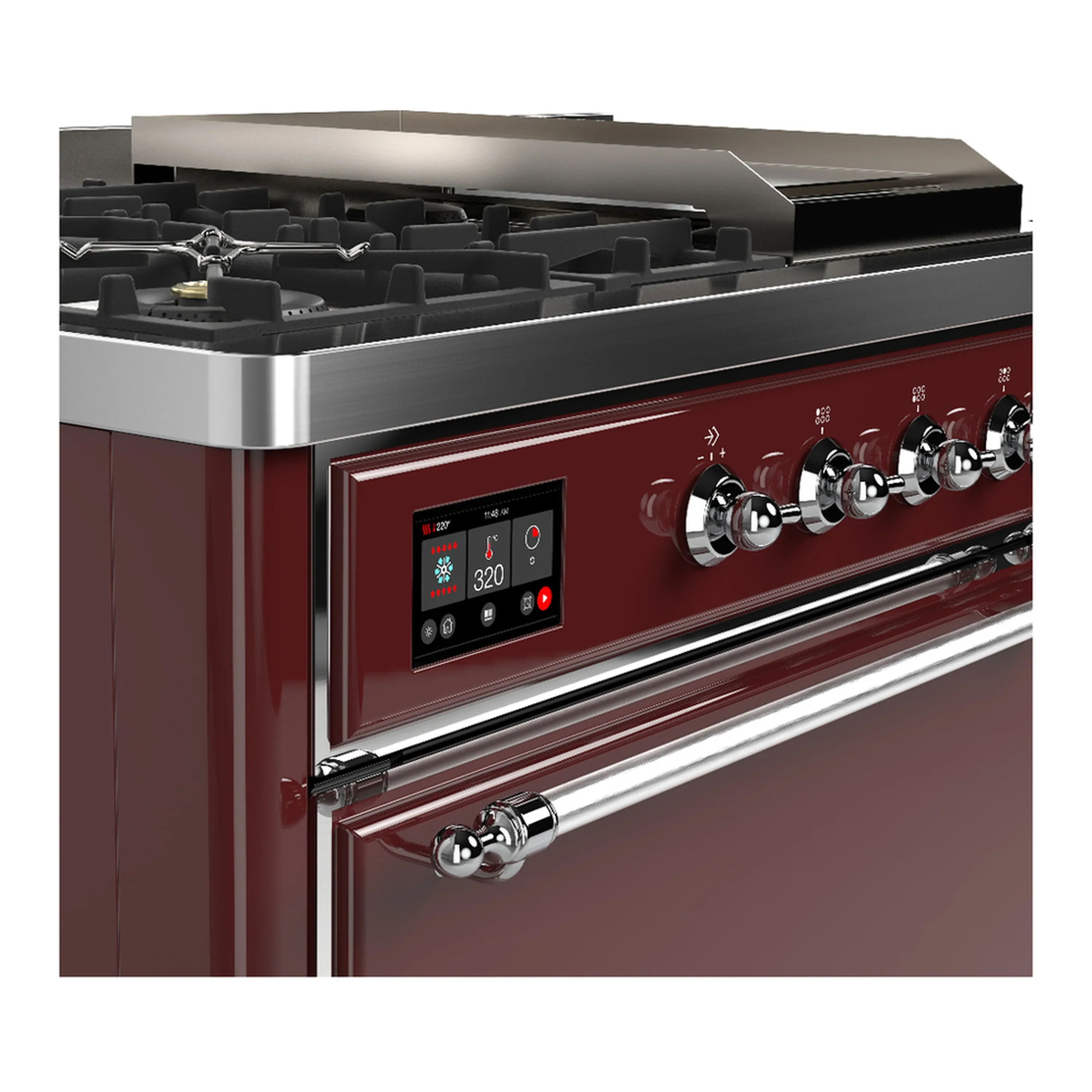 ILVE Majestic III 48-inch Dual Fuel Range with 5 Liquid Propane Burner, Griddle, French Top and Solid Door Electric Oven in Burgundy with Chrome Trim (UM48FSQNR3BUCLP) - Image 7