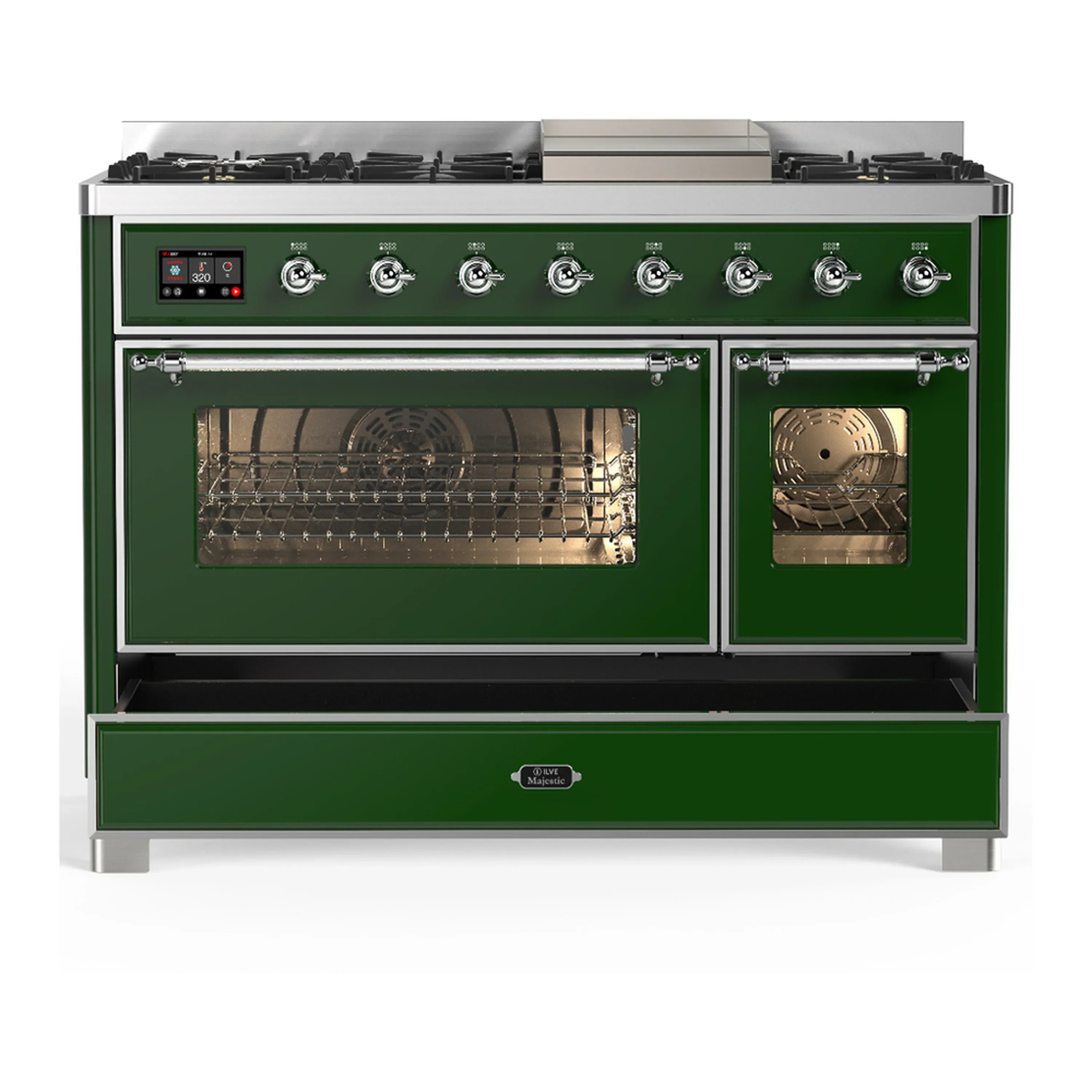 ILVE Majestic III 48-inch Dual Fuel Range with 5 Natural Gas Burner, Griddle and Triple Glass Door Electric Oven in Emerald Green with Chrome Trim (UM48FNR3EGC) - Image 3