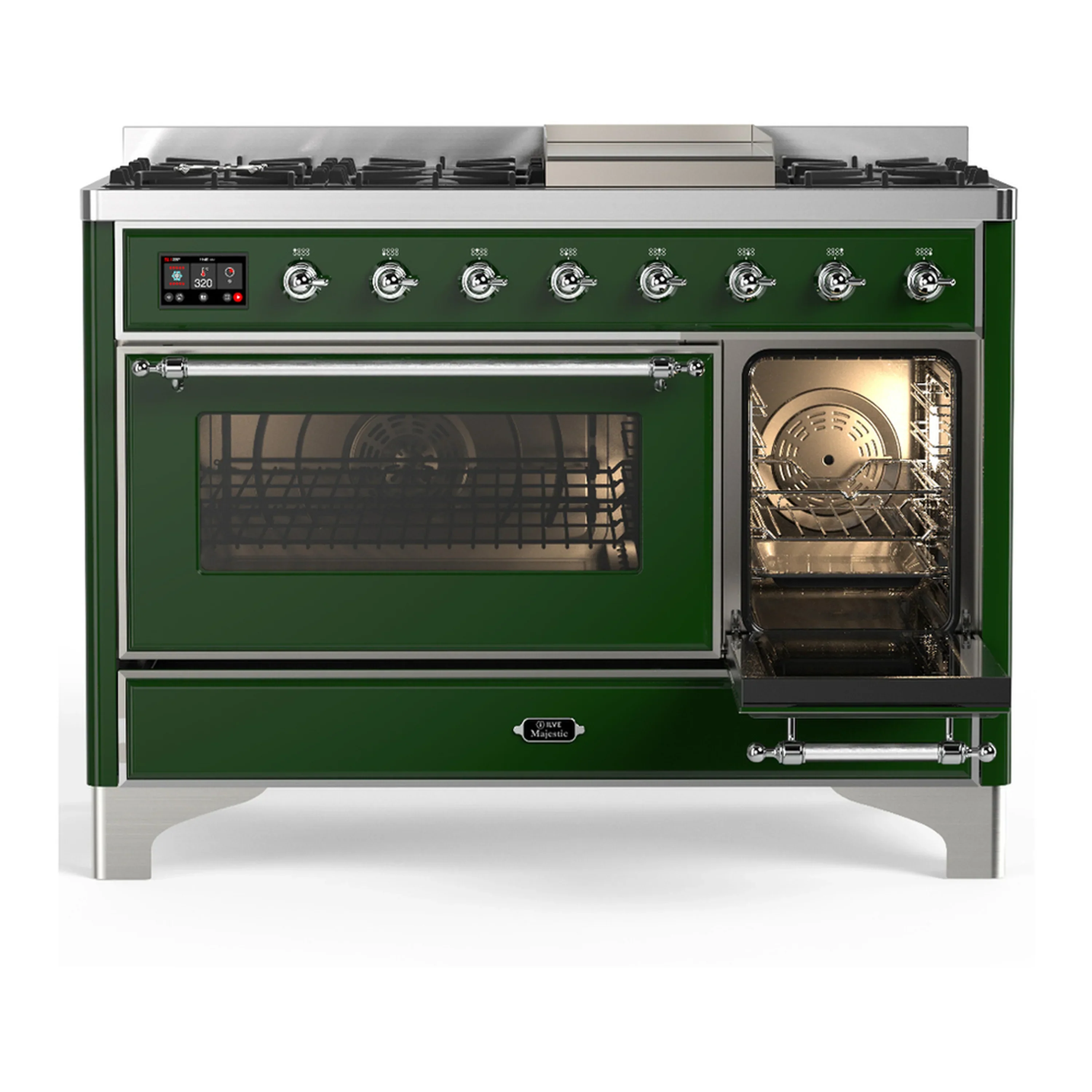 ILVE Majestic III 48-inch Dual Fuel Range with 5 Natural Gas Burner, Griddle and Triple Glass Door Electric Oven in Emerald Green with Chrome Trim (UM48FNR3EGC) - Image 4